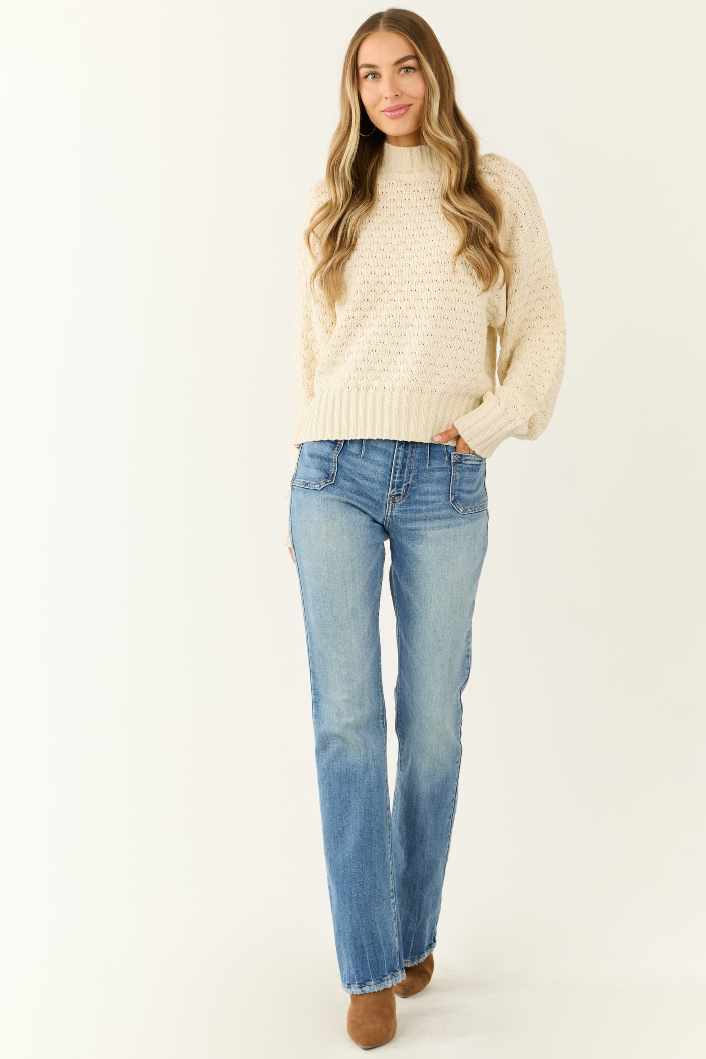 Cream Textured Knit High Neck Sweater