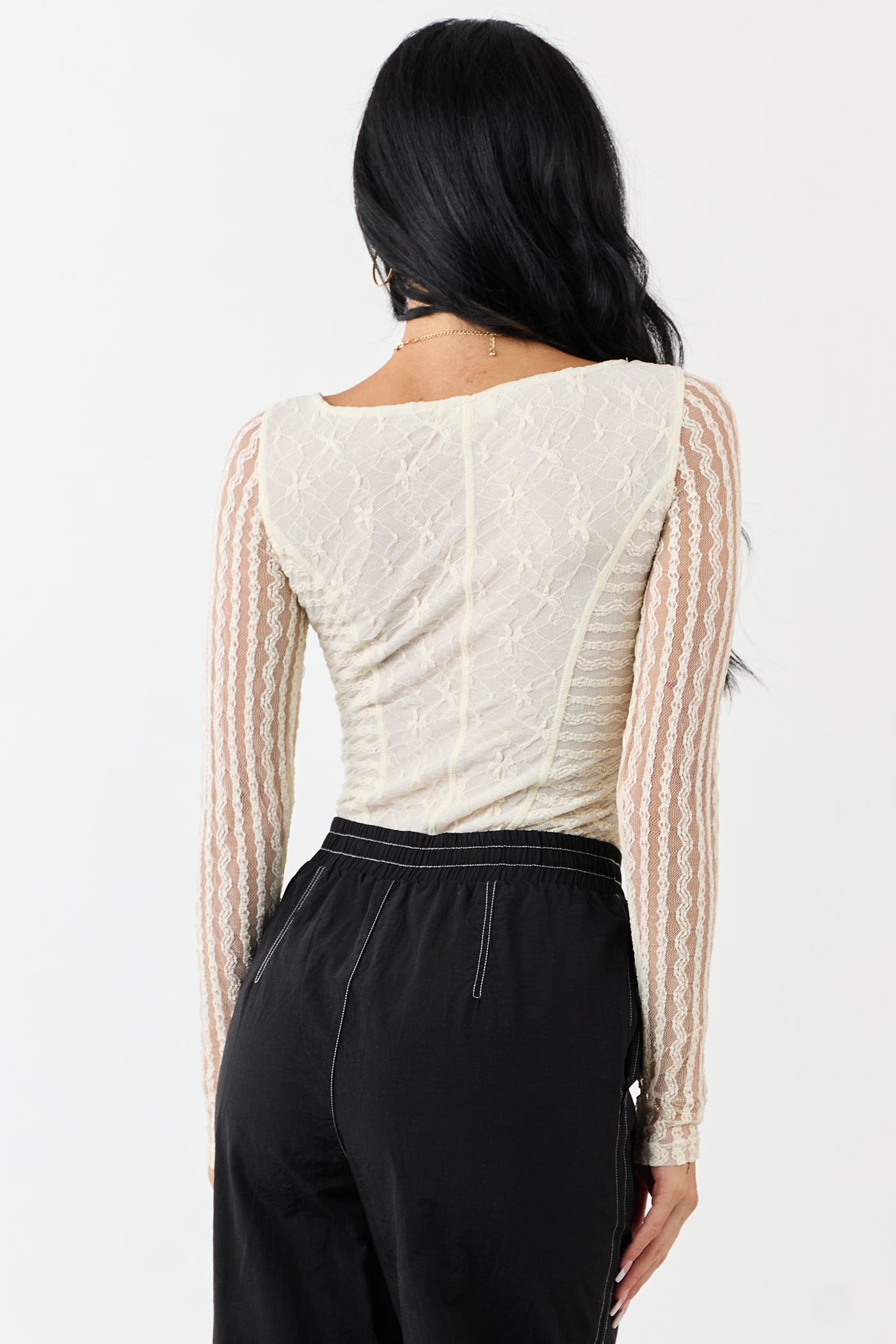 Cream Textured Lace Long Sleeve Mesh Bodysuit