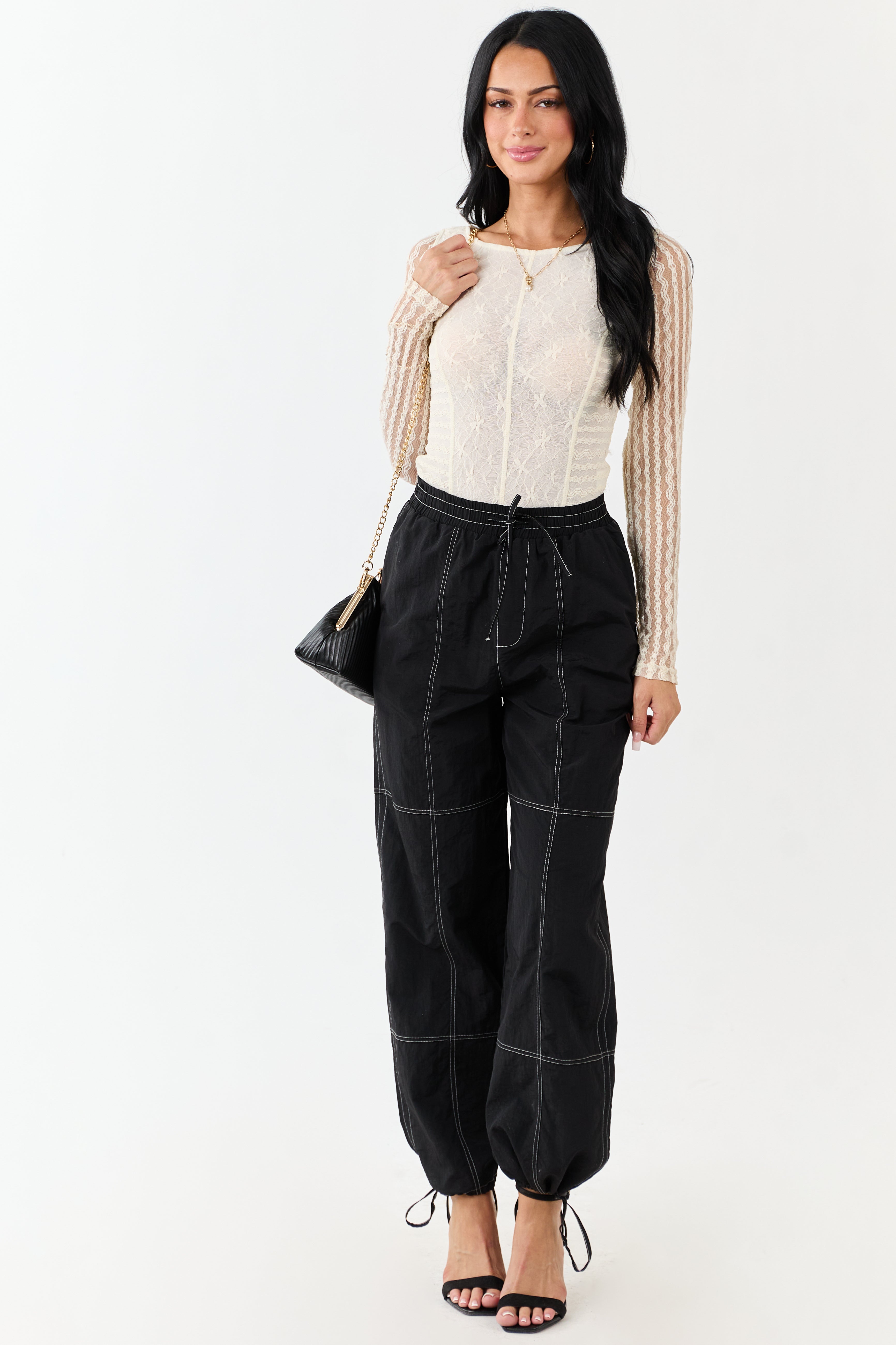 Cream Textured Lace Long Sleeve Mesh Bodysuit