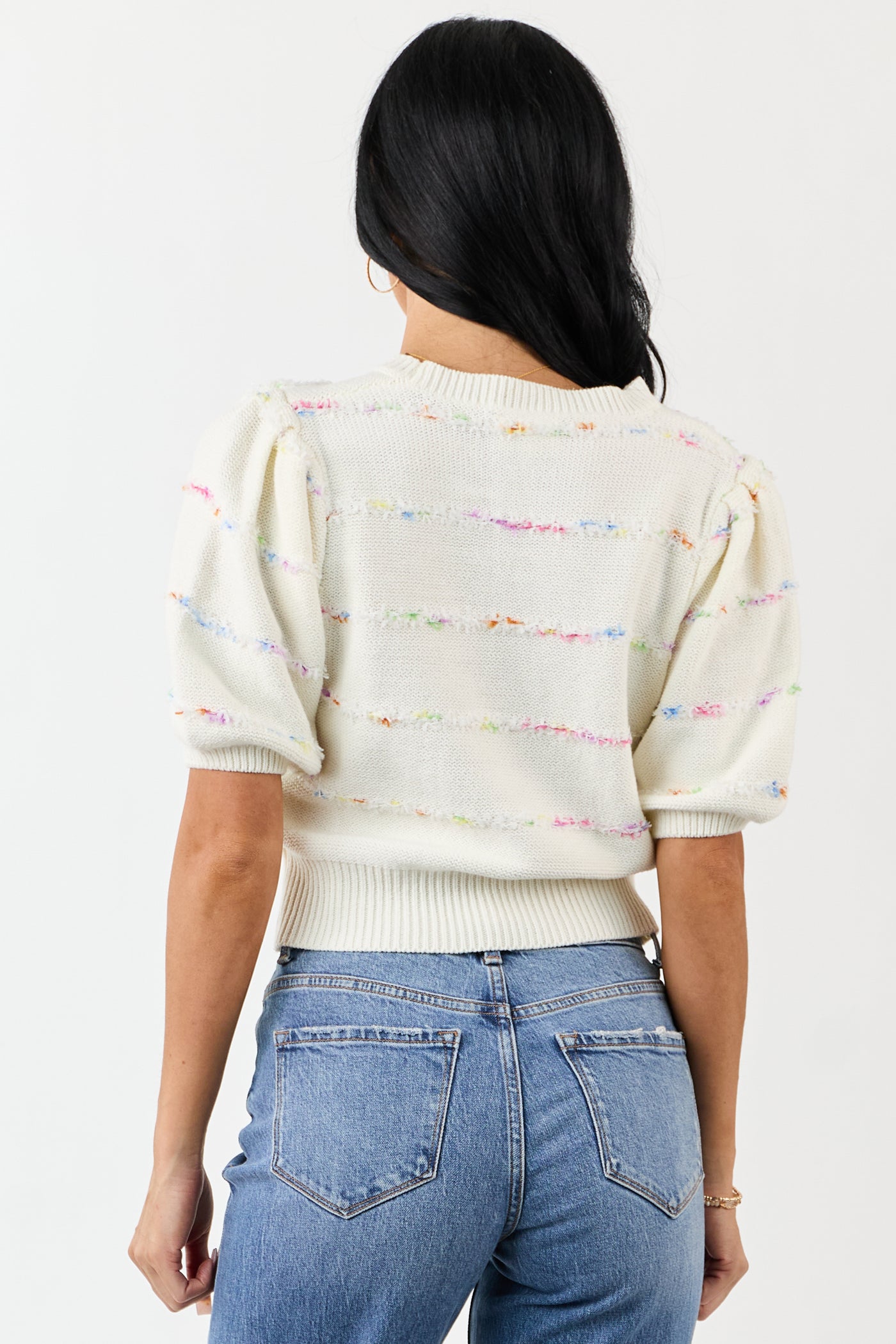 Cream Textured Stripe Detail Half Sleeve Sweater Top