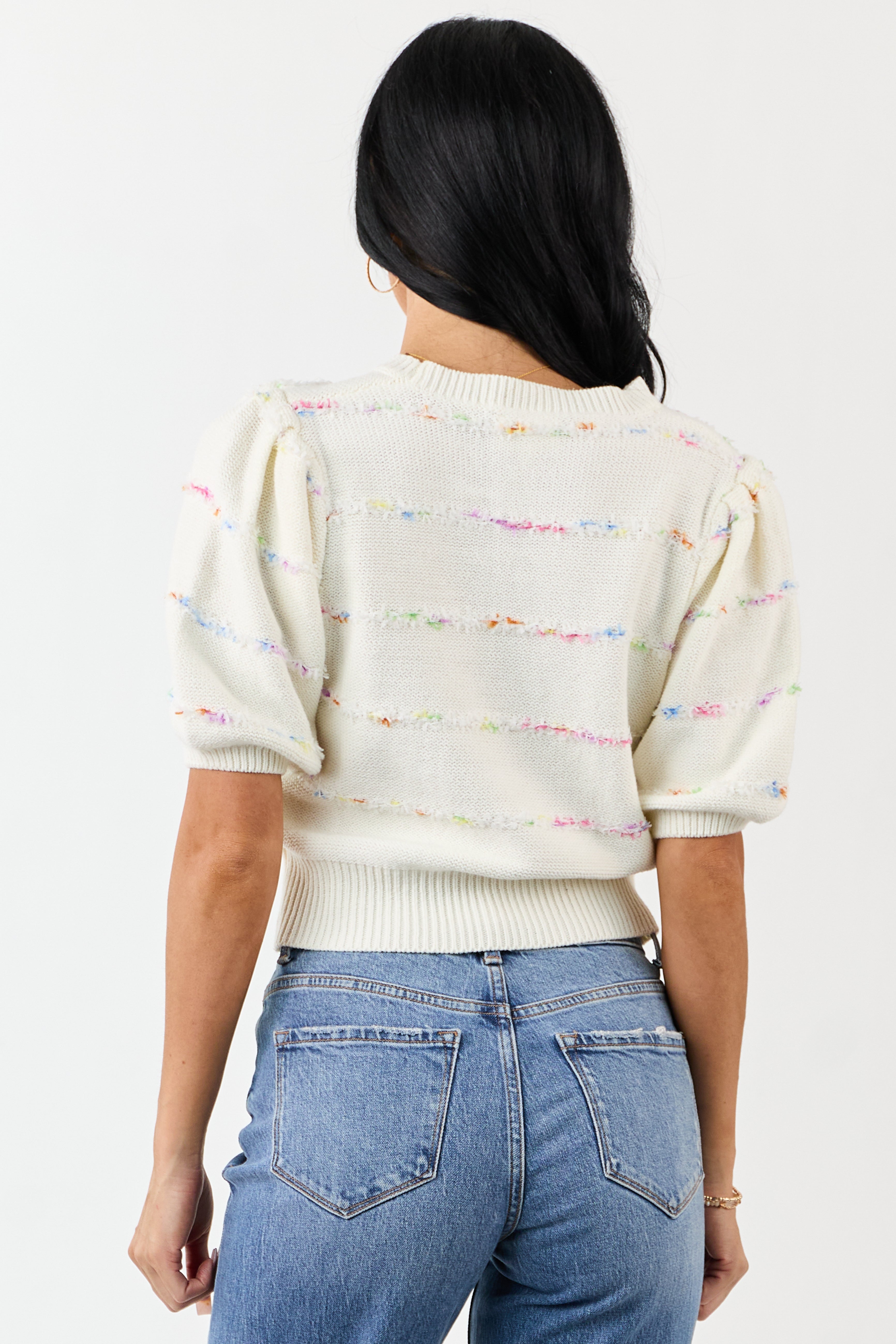 Cream Textured Stripe Detail Half Sleeve Sweater Top