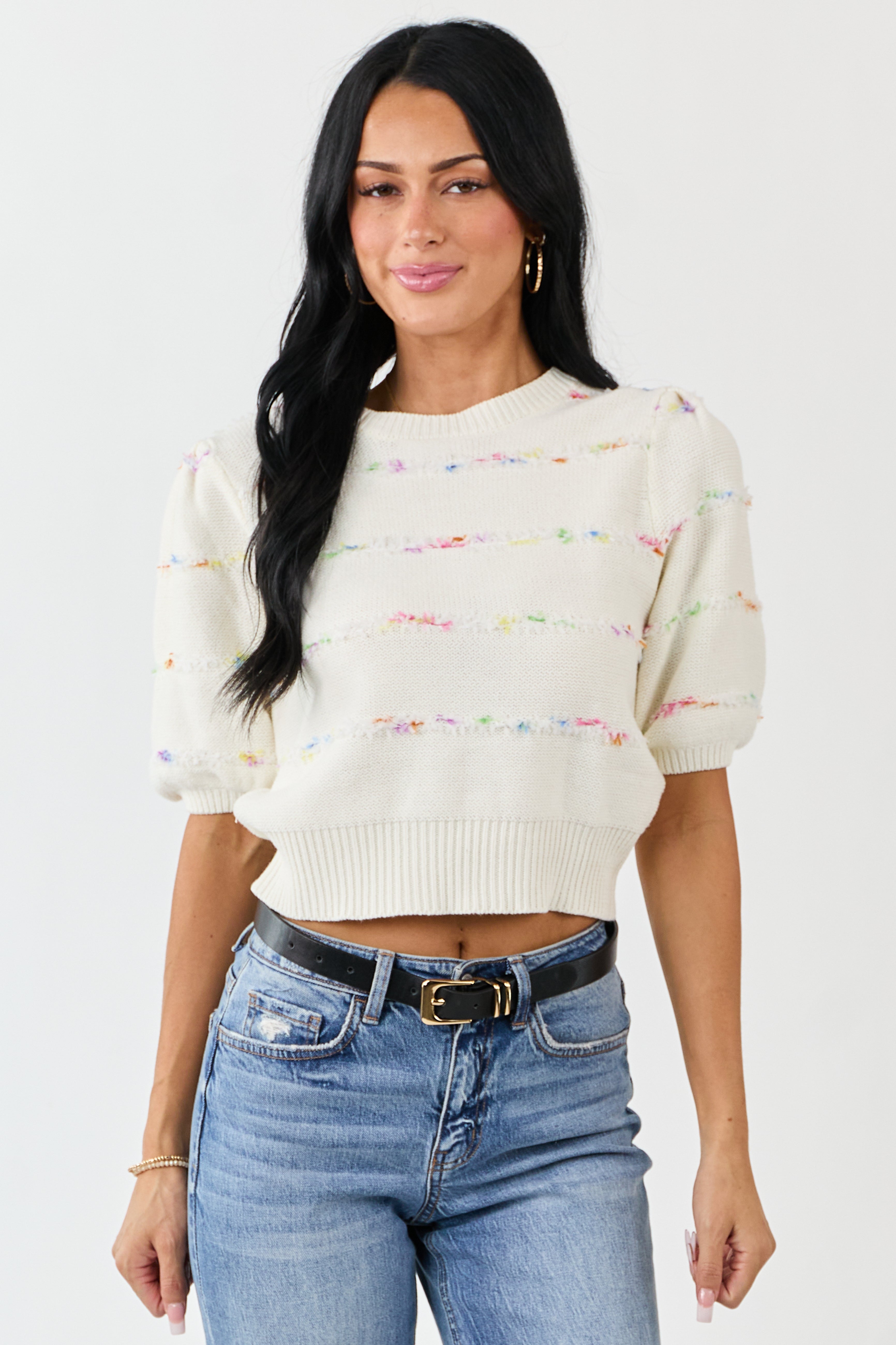 Cream Textured Stripe Detail Half Sleeve Sweater Top