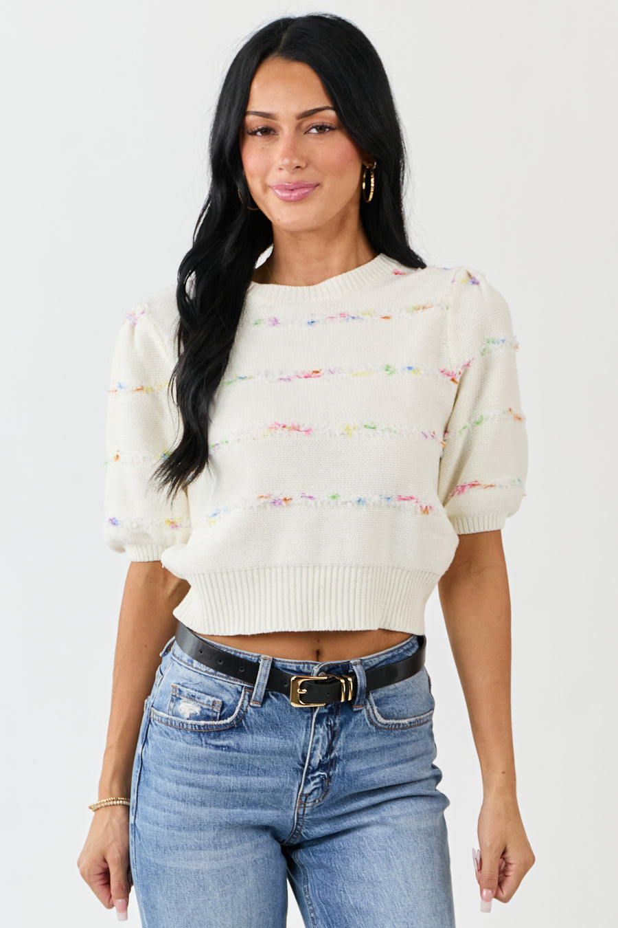 Cream Textured Stripe Detail Half Sleeve Sweater Top