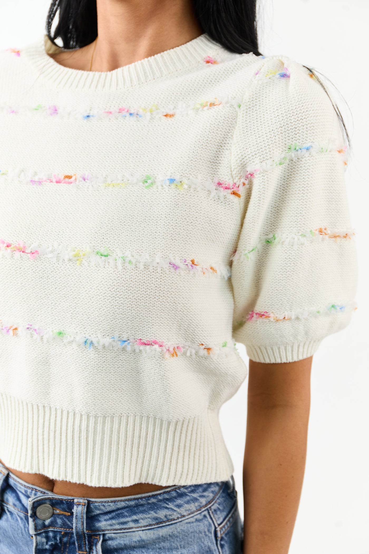 Cream Textured Stripe Detail Half Sleeve Sweater Top