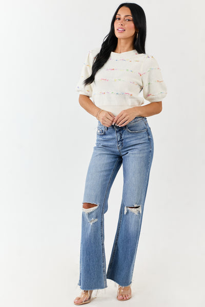 Cream Textured Stripe Detail Half Sleeve Sweater Top
