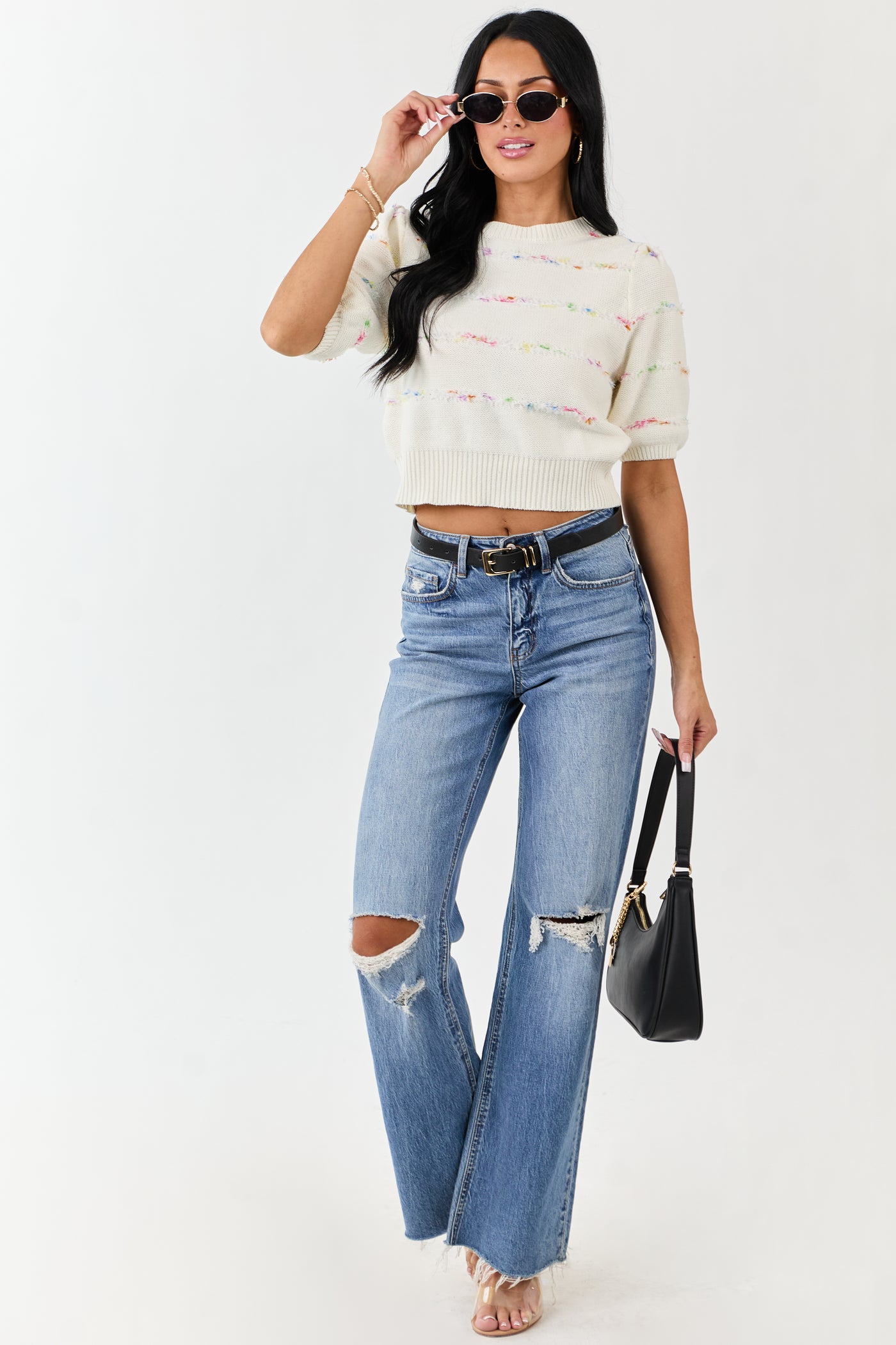 Cream Textured Stripe Detail Half Sleeve Sweater Top