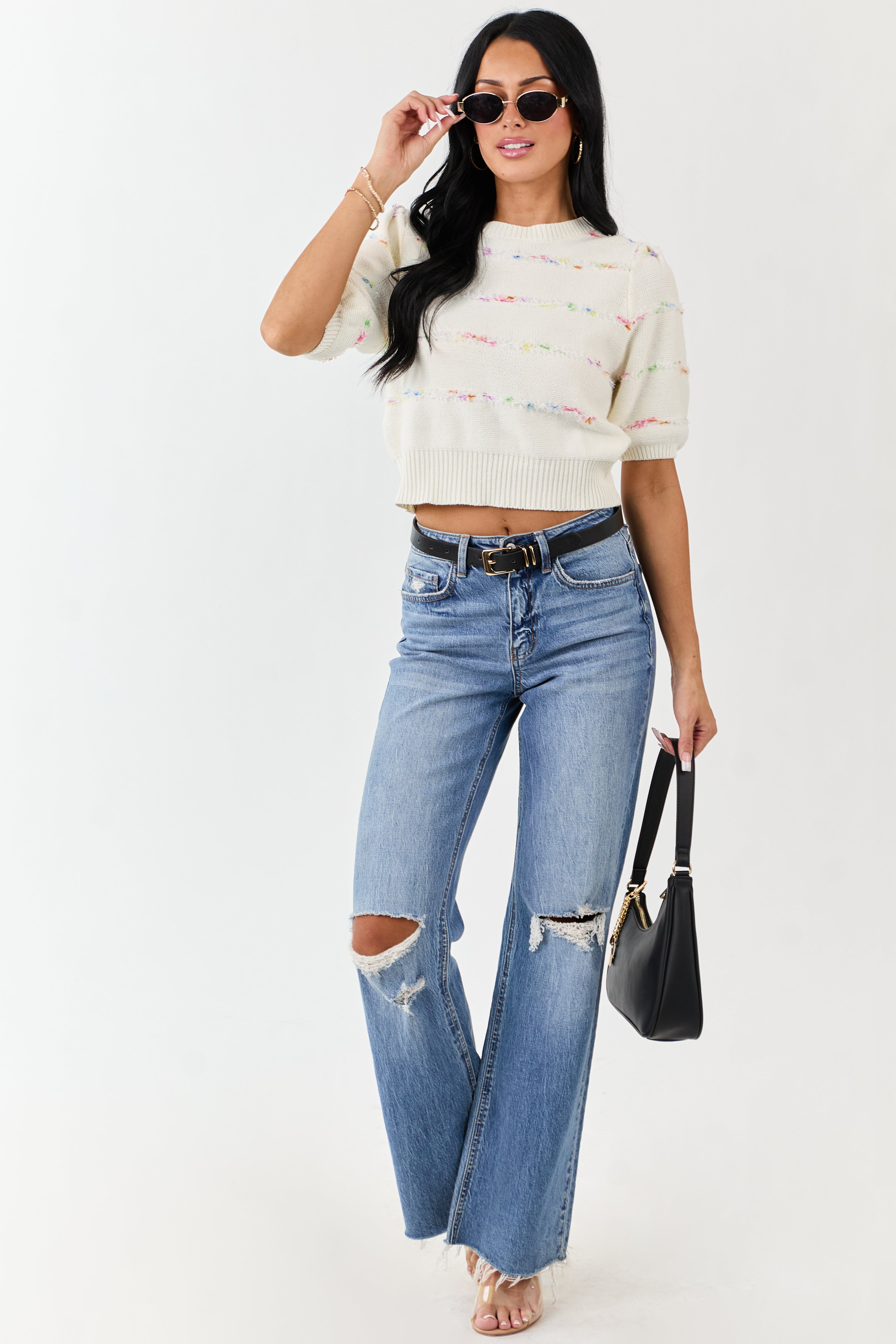 Cream Textured Stripe Detail Half Sleeve Sweater Top