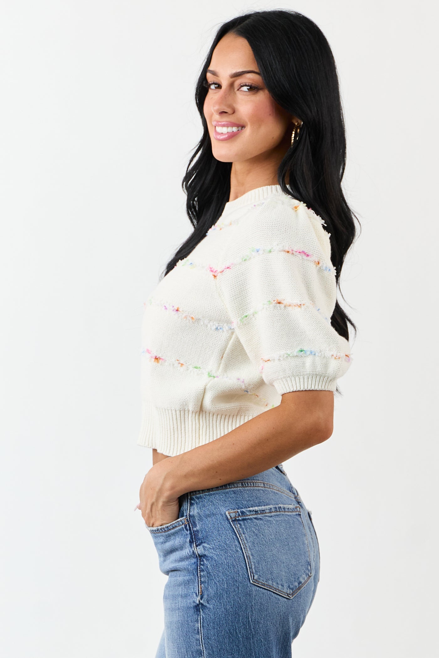 Cream Textured Stripe Detail Half Sleeve Sweater Top
