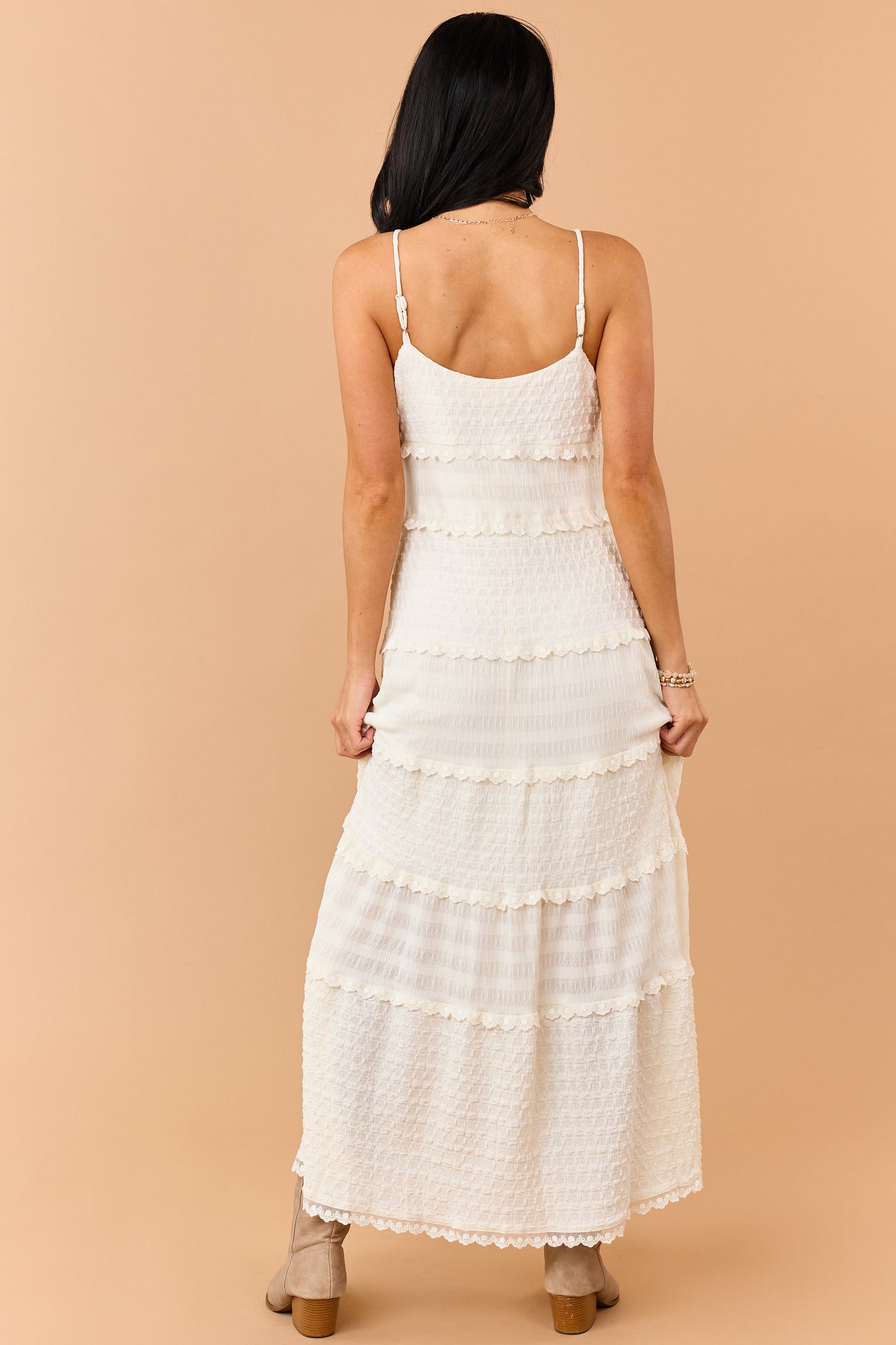 Cream Textured Tiered Lace Maxi Dress