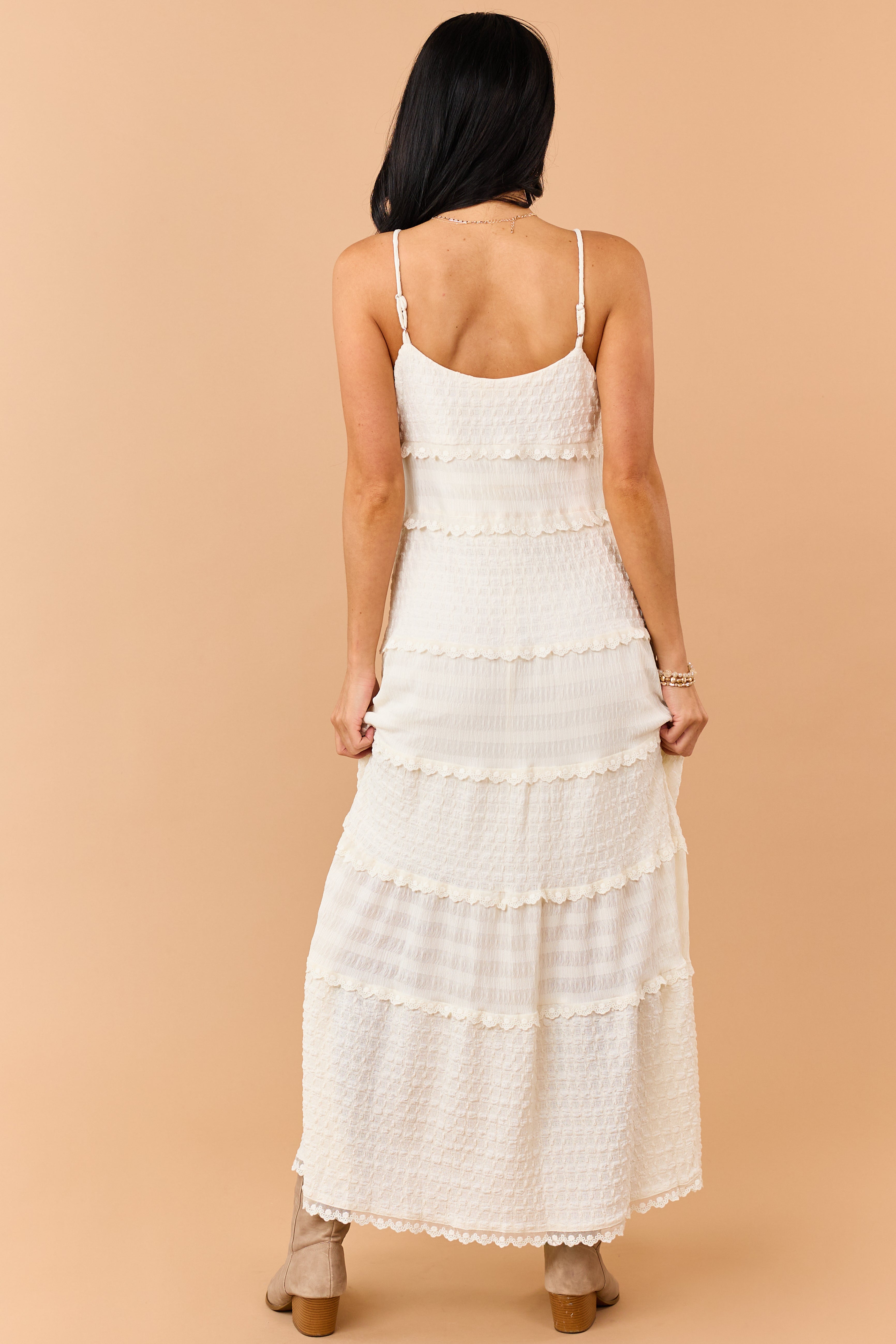 Cream Textured Tiered Lace Maxi Dress