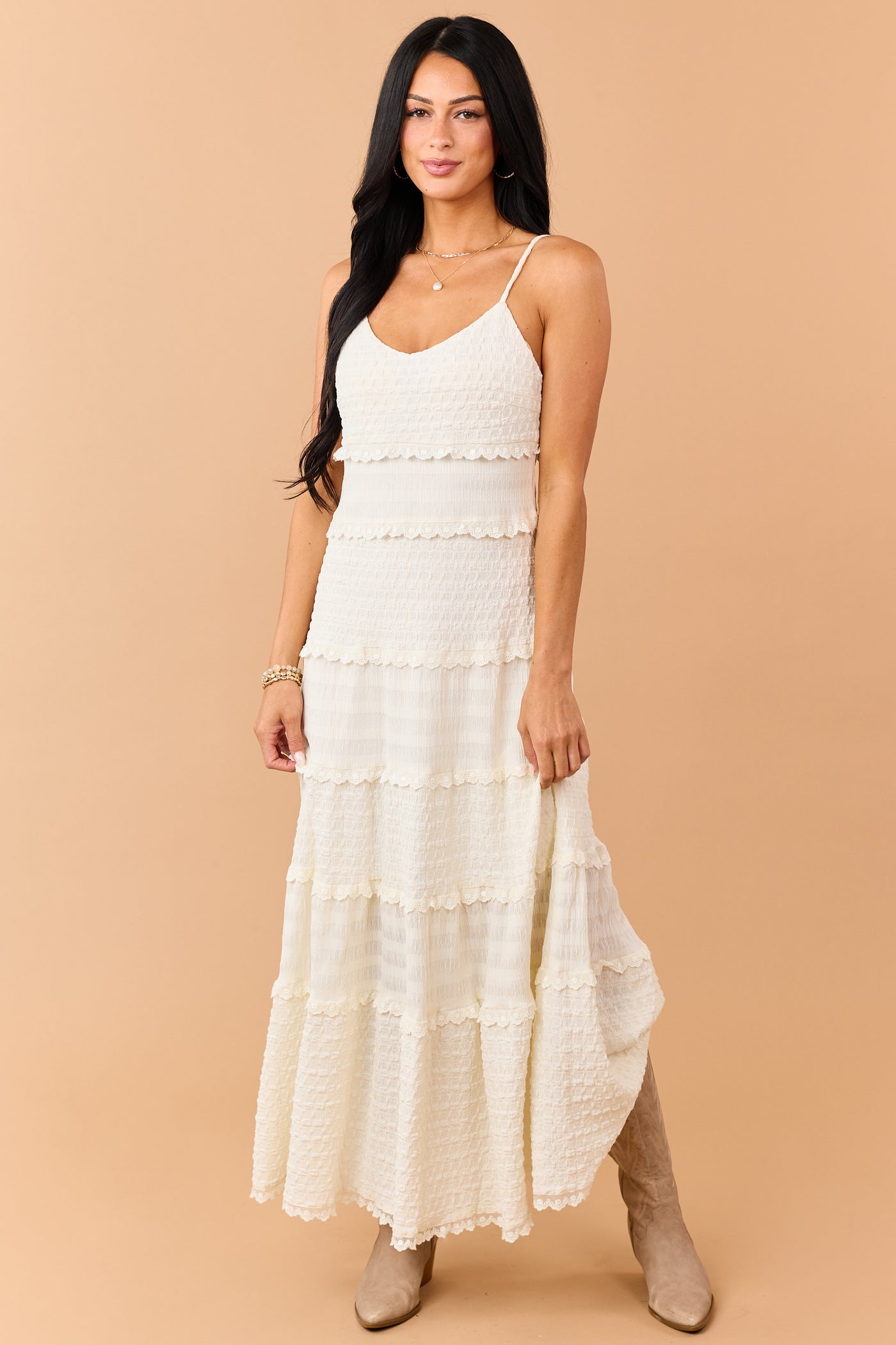 Cream Textured Tiered Lace Maxi Dress