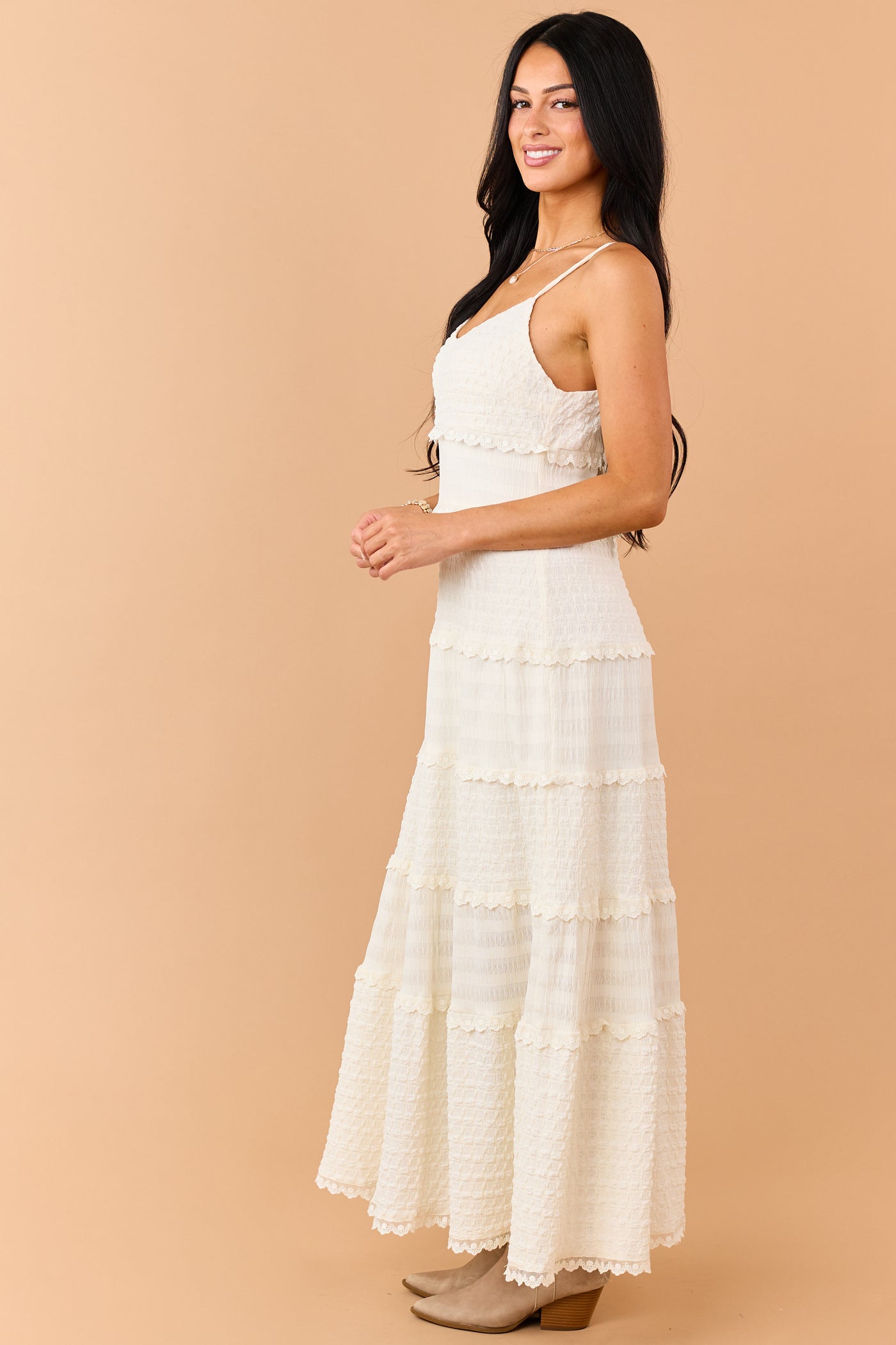 white lace tiered maxi dress White Lace Short Sleeve V Neck Tiered Maxi Dress