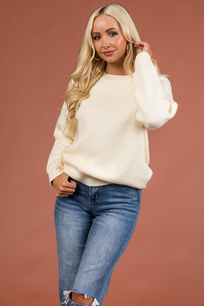 Cream Thick Knit Crew Neck Sweater