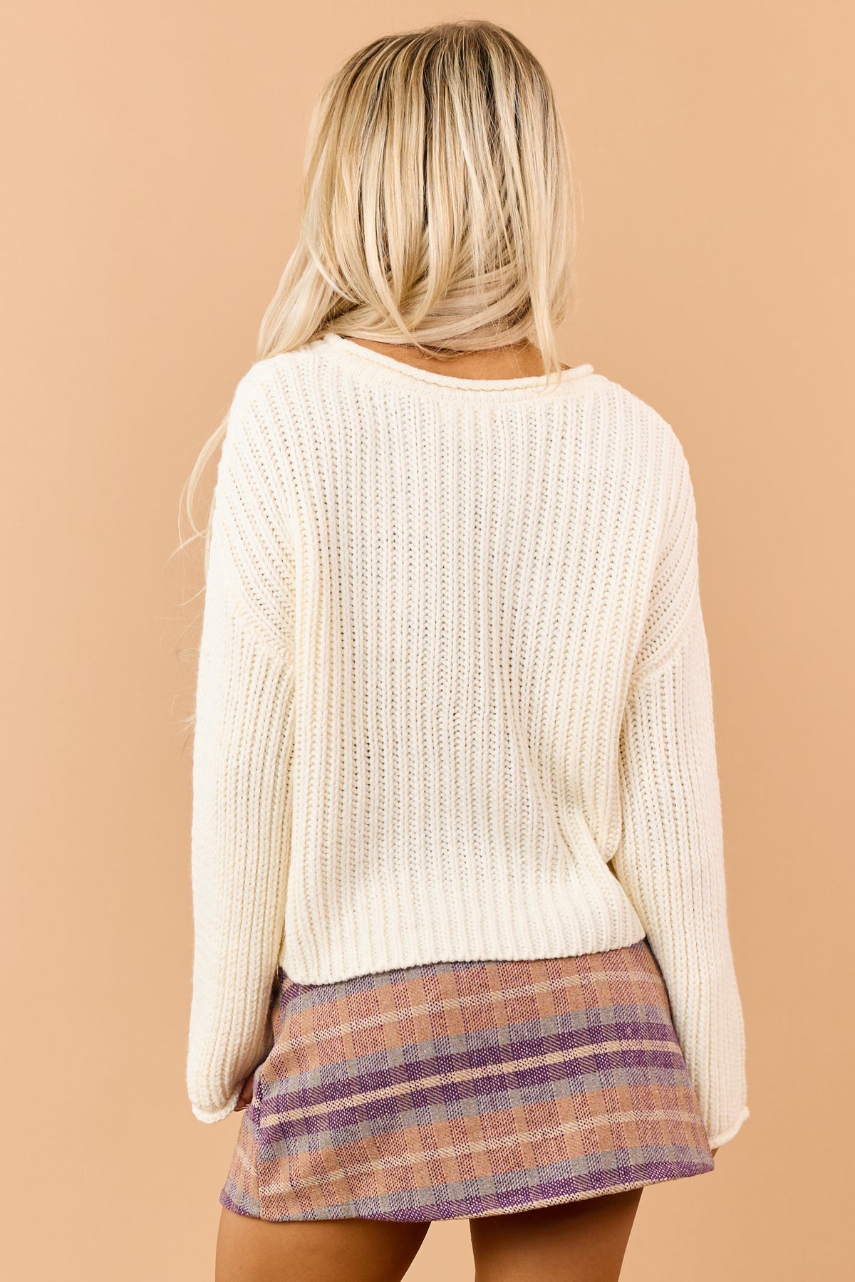 Cream Thick Rib Knit Rolled Trim Boxy Sweater