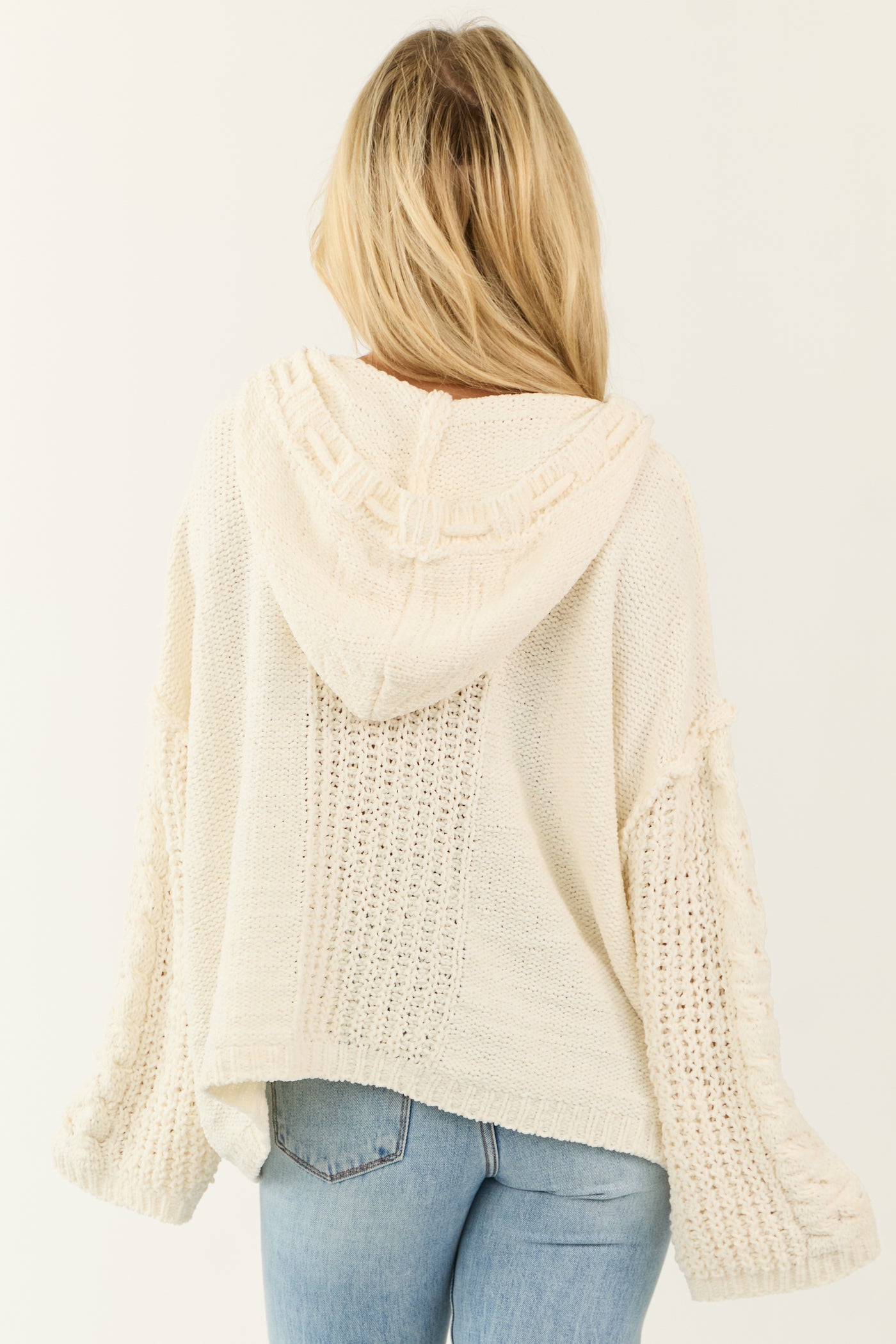 Cream Tie Neckline Detail Hooded Sweater