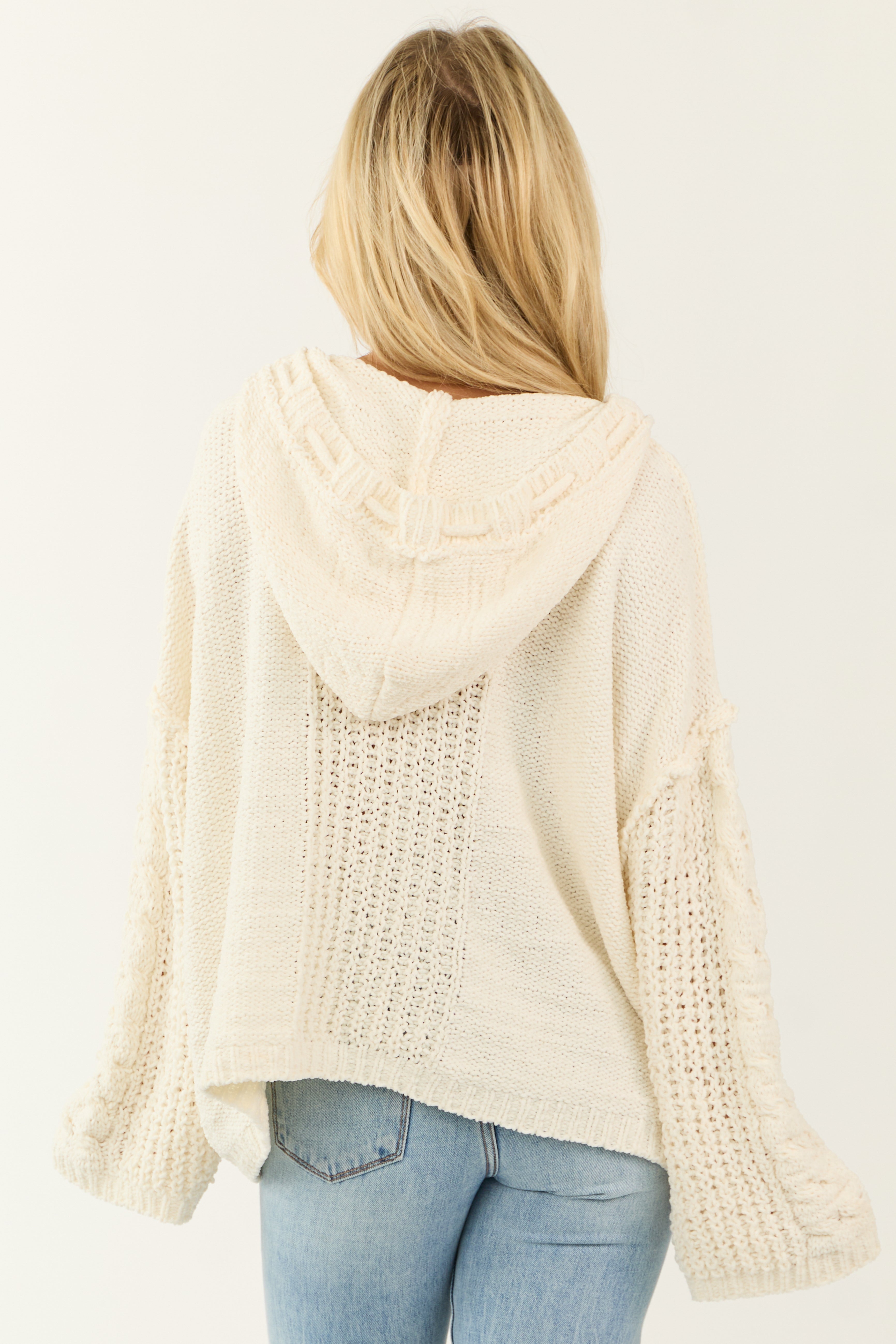 Cream Tie Neckline Detail Hooded Sweater