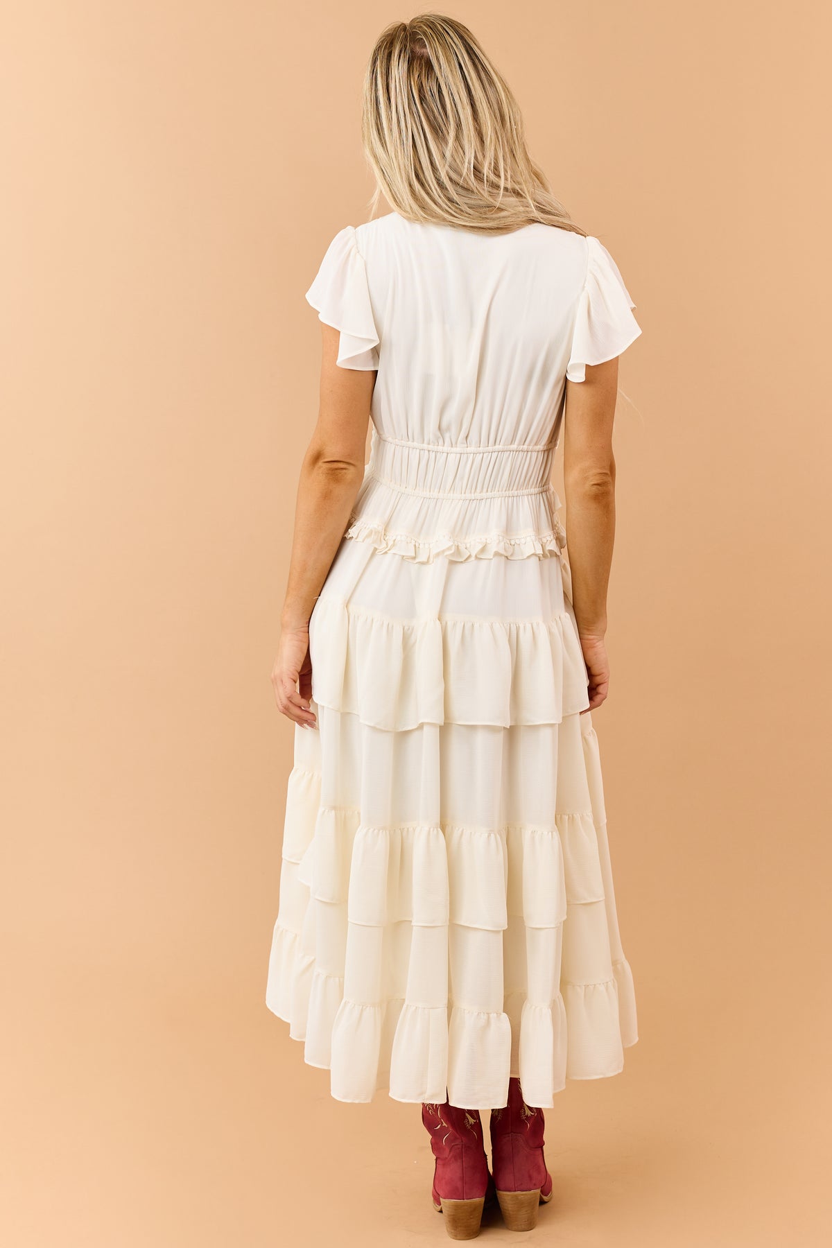 Cream Tiered Ruffle Chiffon Dot Lace Maxi Dress