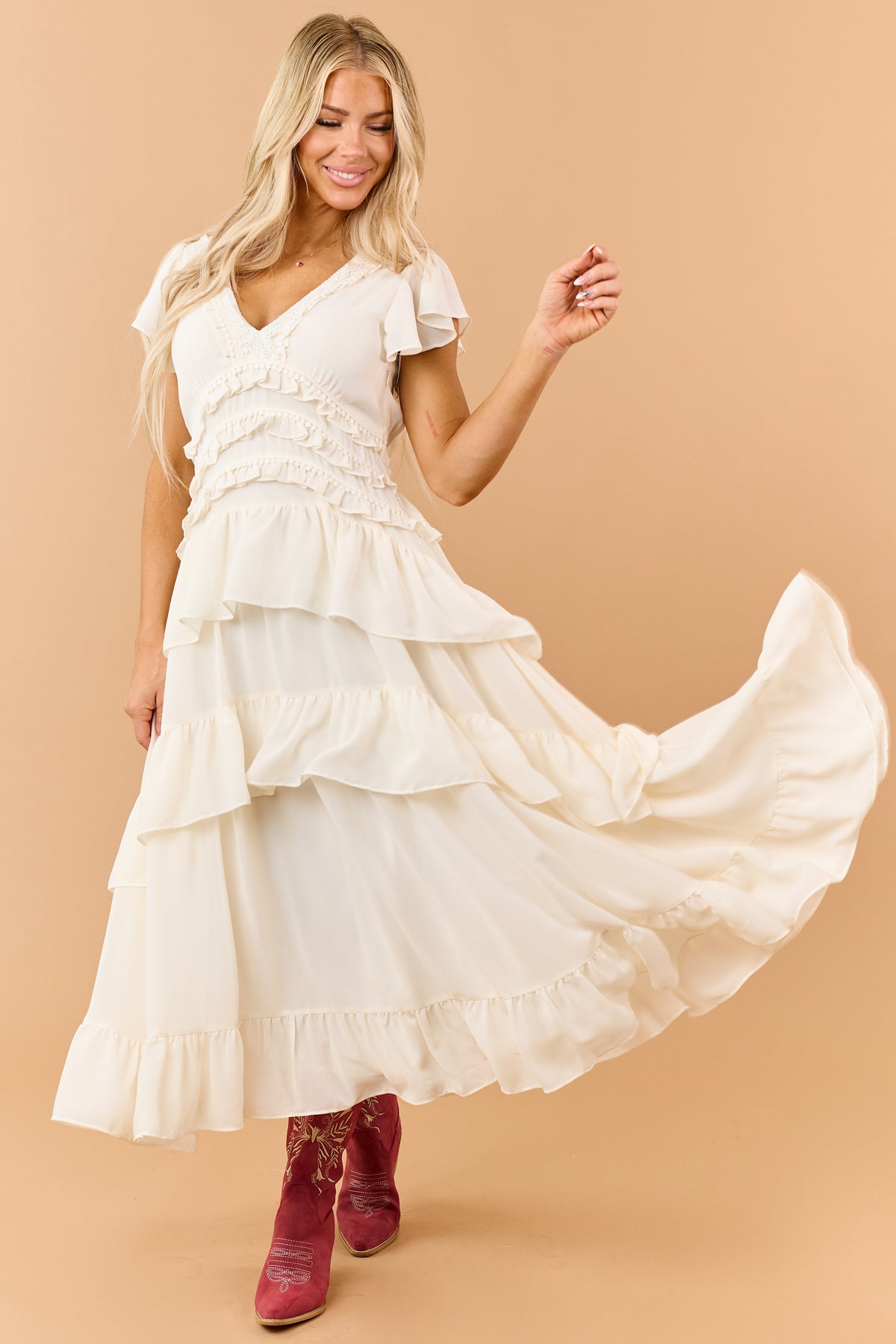 Cream Tiered Ruffle Chiffon Dot Lace Maxi Dress