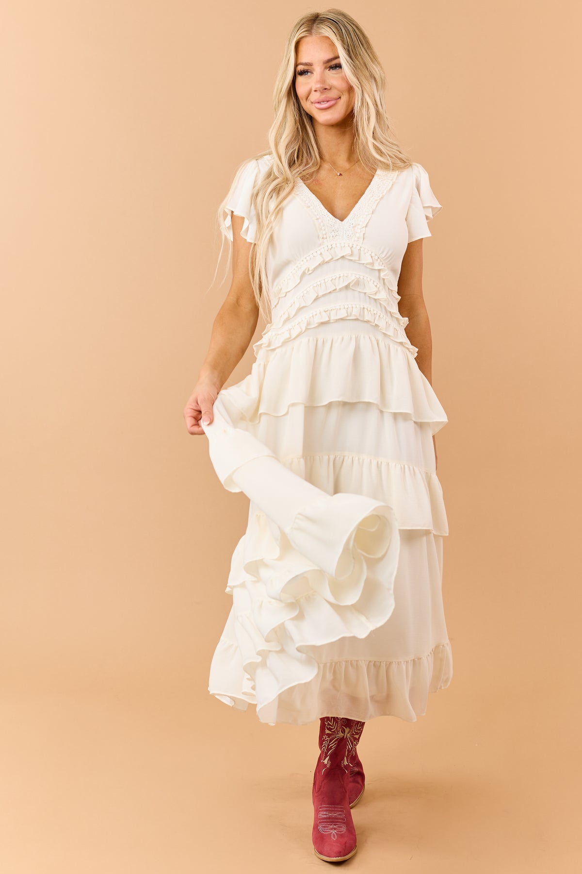 Cream Tiered Ruffle Chiffon Dot Lace Maxi Dress