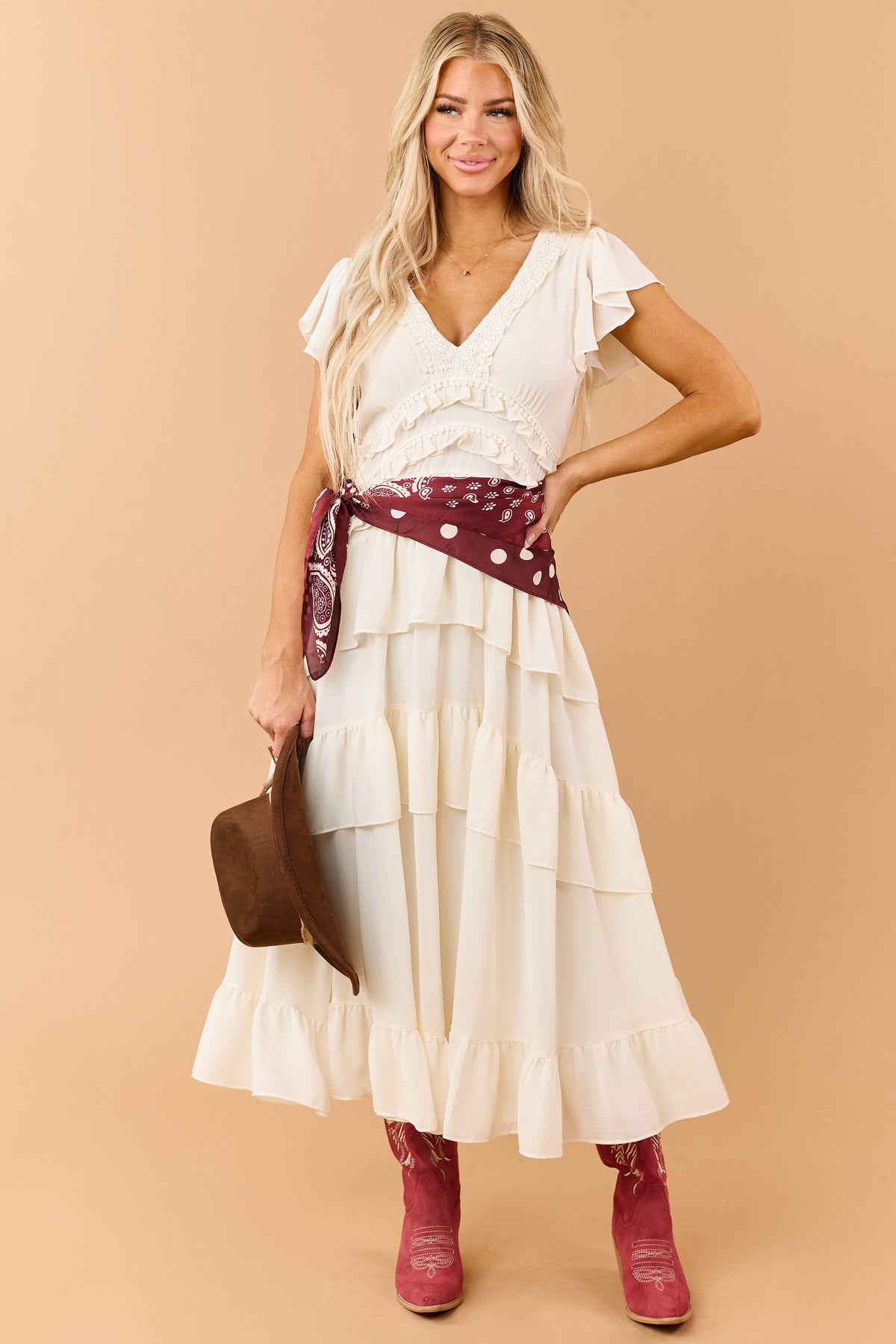 Cream Tiered Ruffle Chiffon Dot Lace Maxi Dress