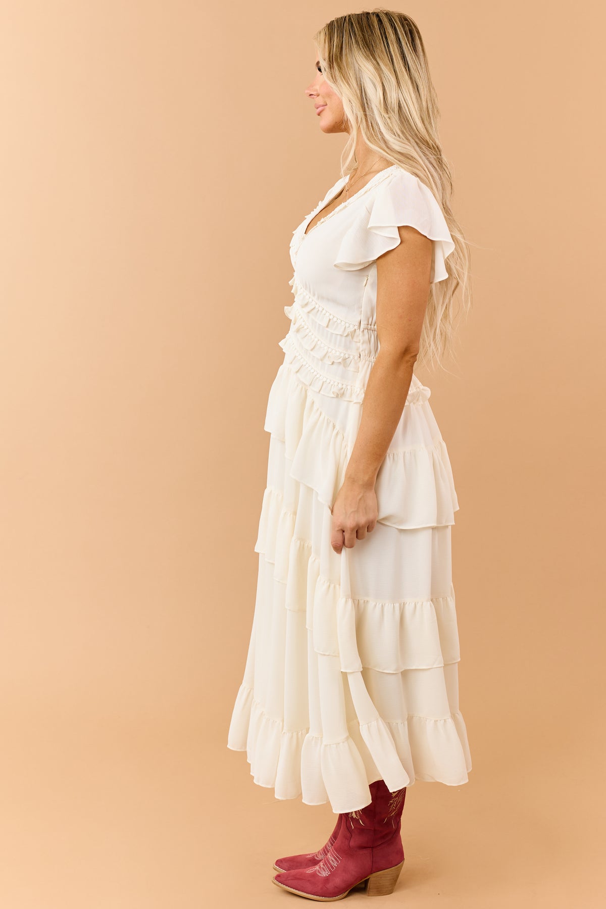 Cream Tiered Ruffle Chiffon Dot Lace Maxi Dress
