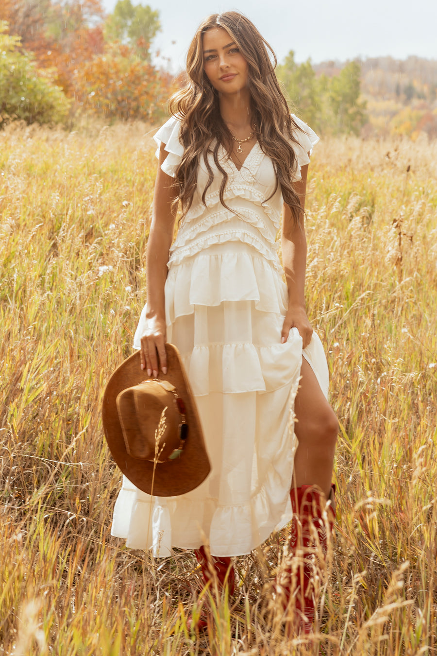 Cream Tiered Ruffle Chiffon Dot Lace Maxi Dress
