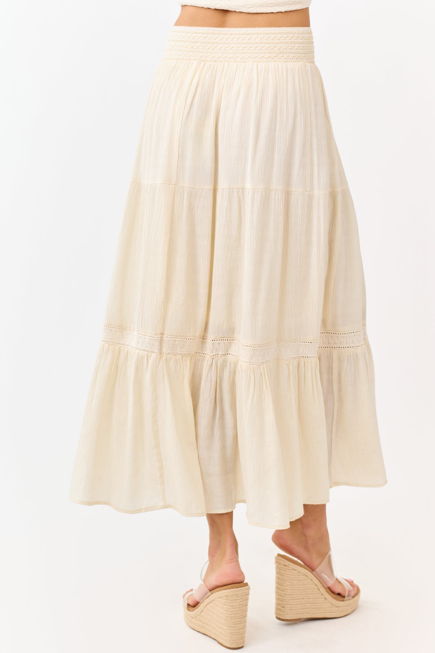 Cream Tiered Smocked Waistband Midi Skirt