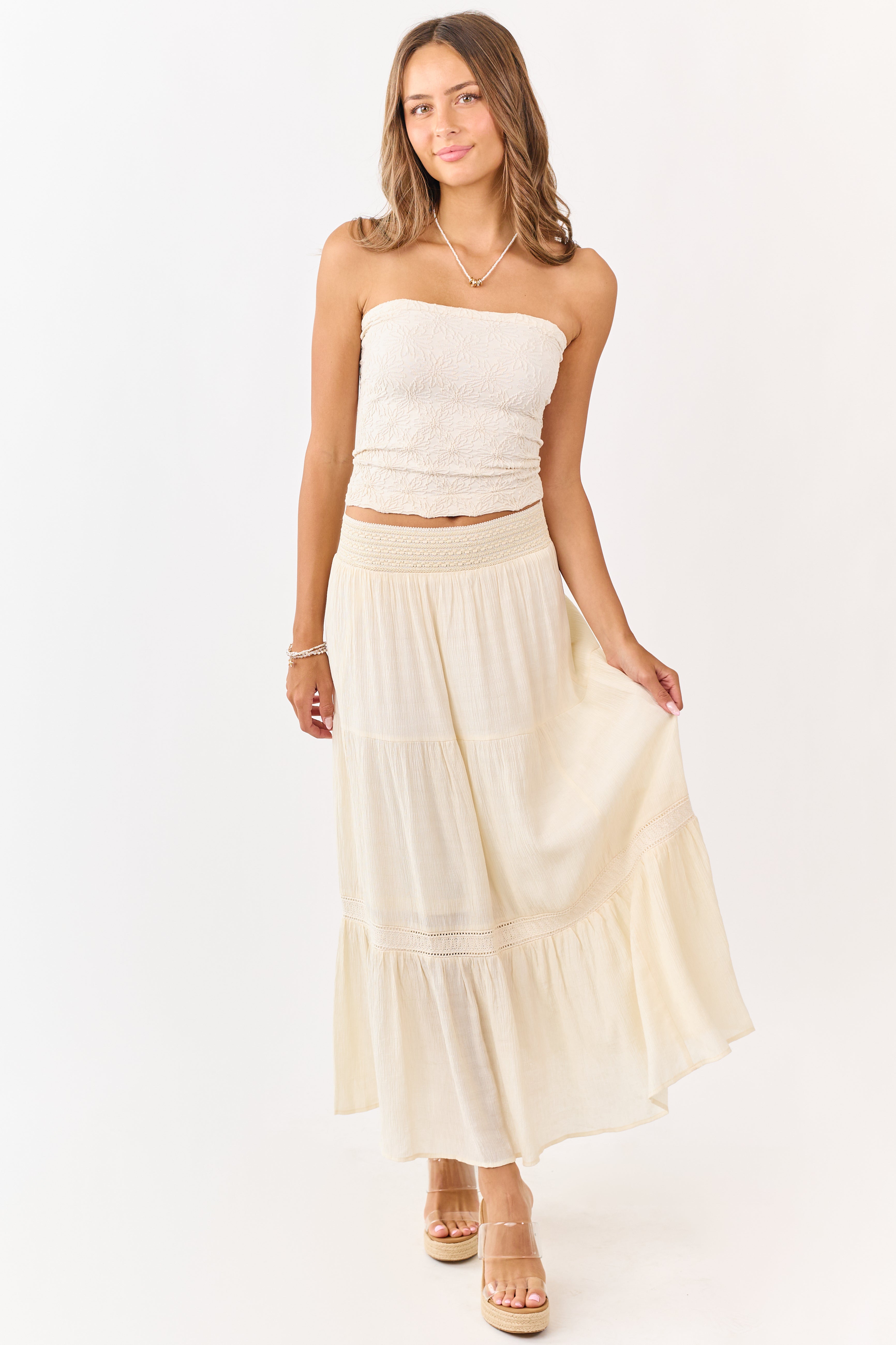 Cream Tiered Smocked Waistband Midi Skirt