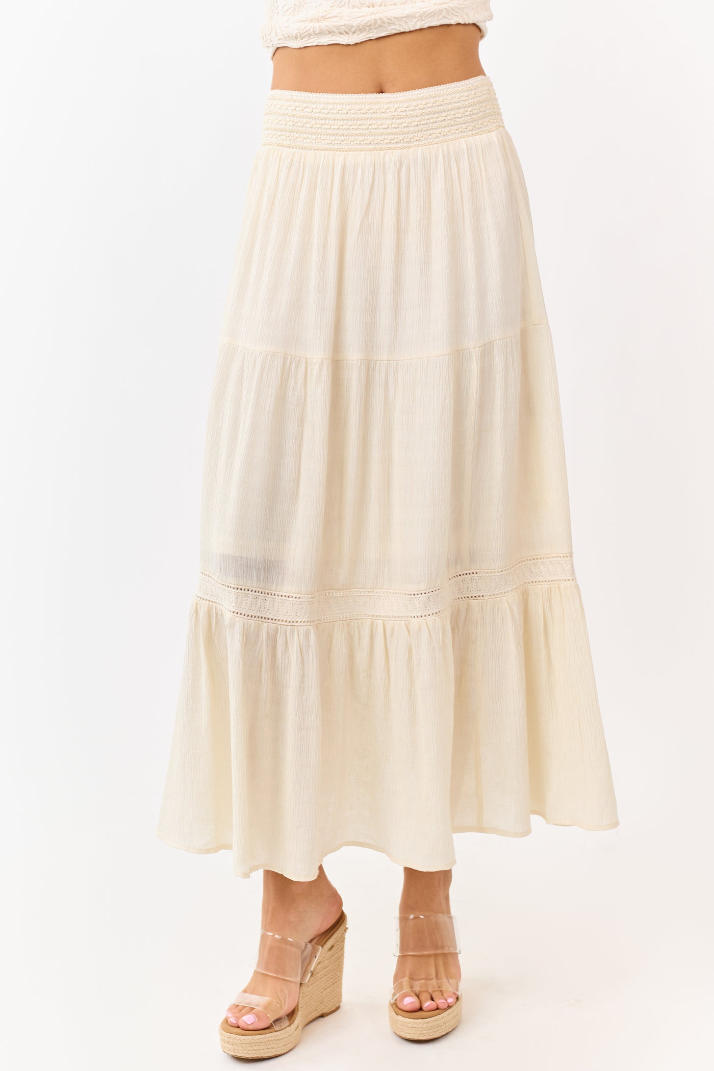 Cream Tiered Smocked Waistband Midi Skirt