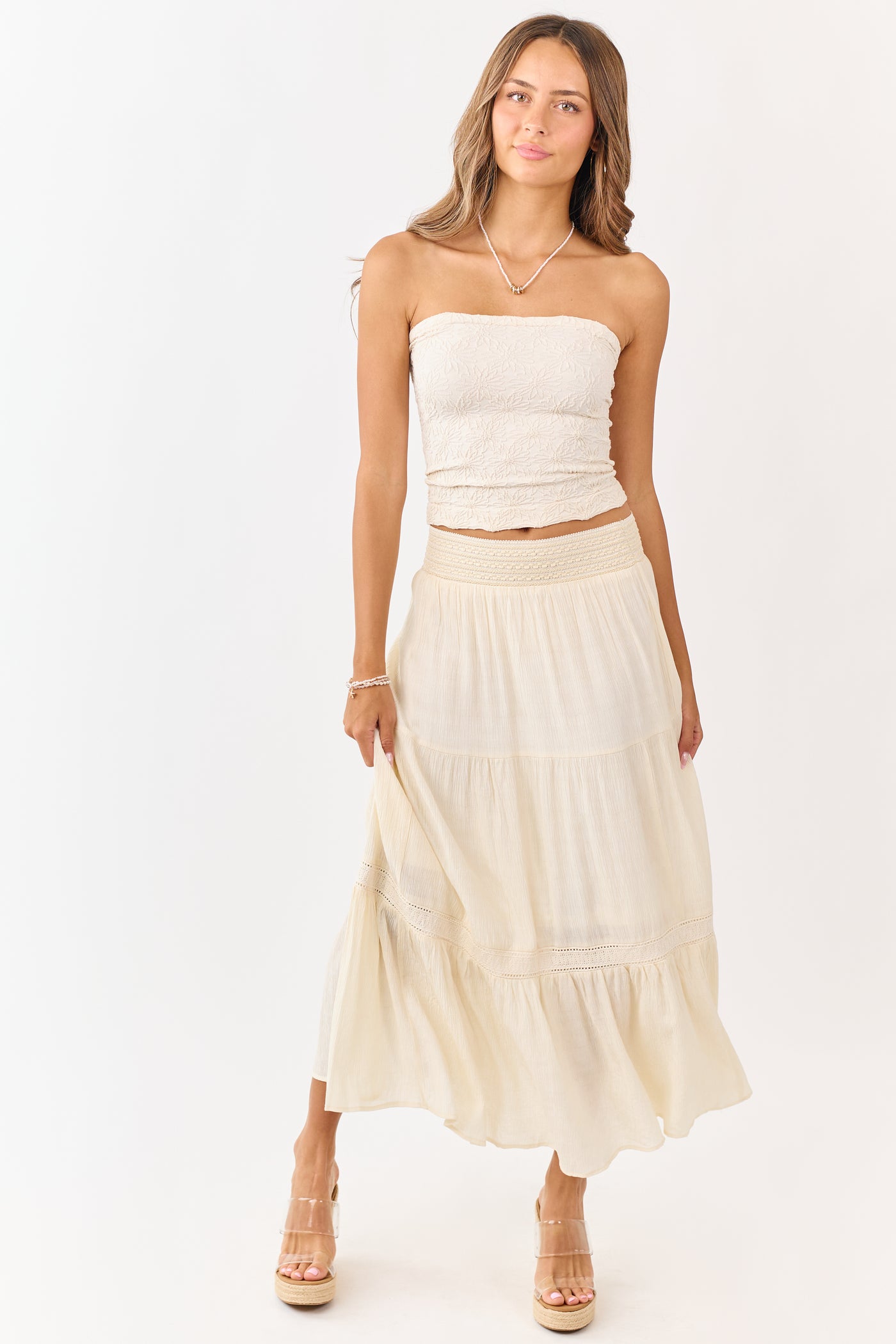 Cream Tiered Smocked Waistband Midi Skirt