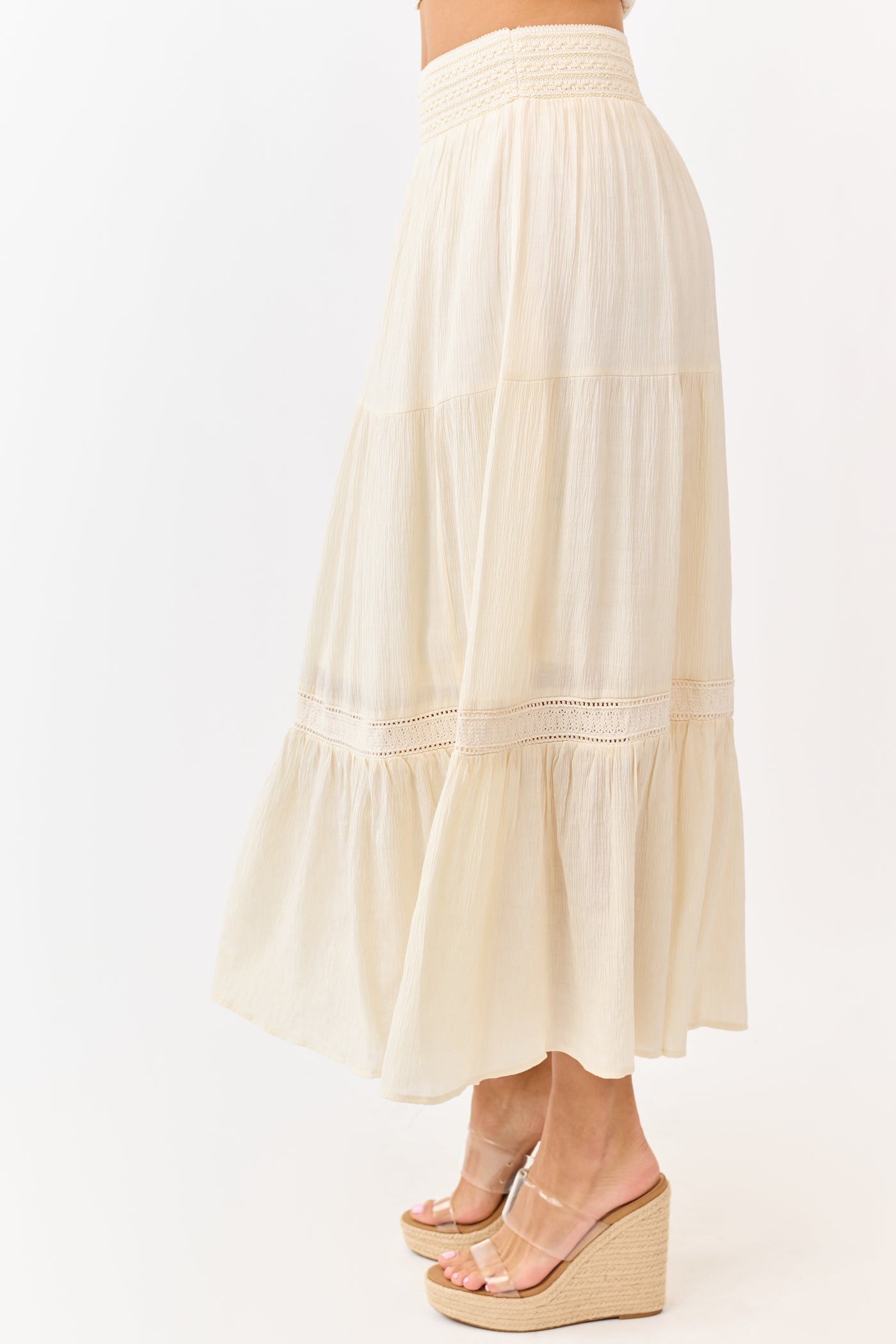 Cream Tiered Smocked Waistband Midi Skirt