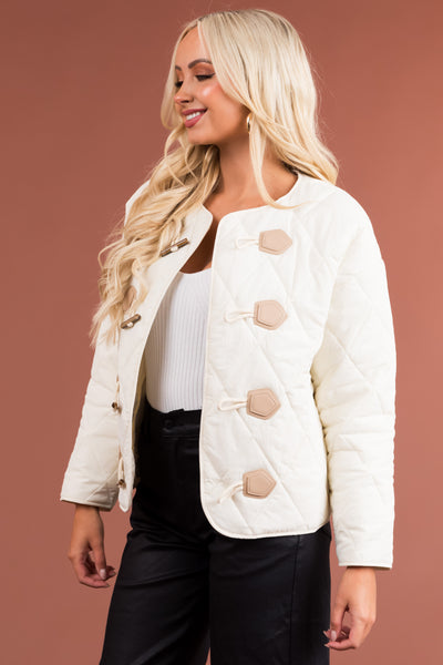 Cream Toggle Button Long Sleeve Quilted Jacket
