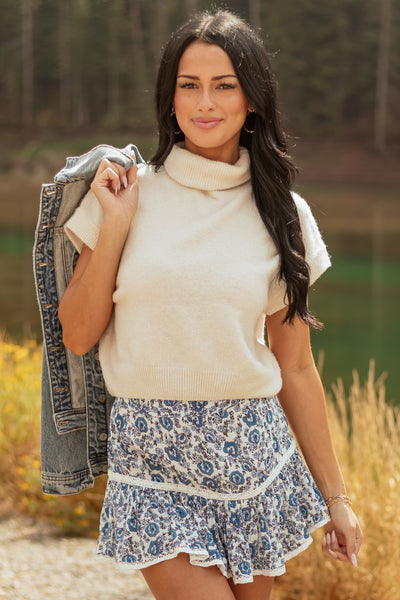 Cream Turtleneck Cap Sleeve Wool Blend Knit Top