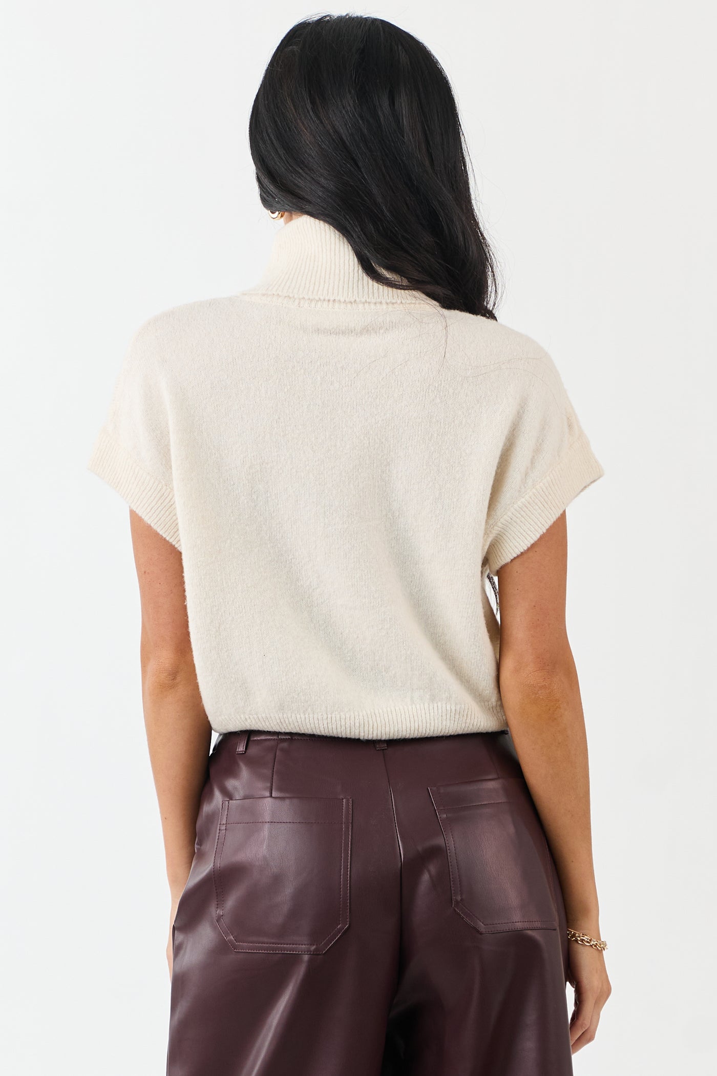 Cream Turtleneck Cap Sleeve Wool Blend Knit Top