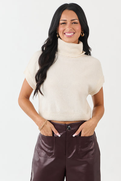 Cream Turtleneck Cap Sleeve Wool Blend Knit Top