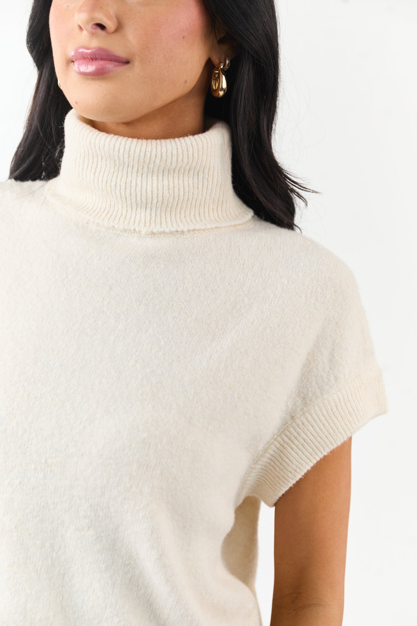 Cream Turtleneck Cap Sleeve Wool Blend Knit Top