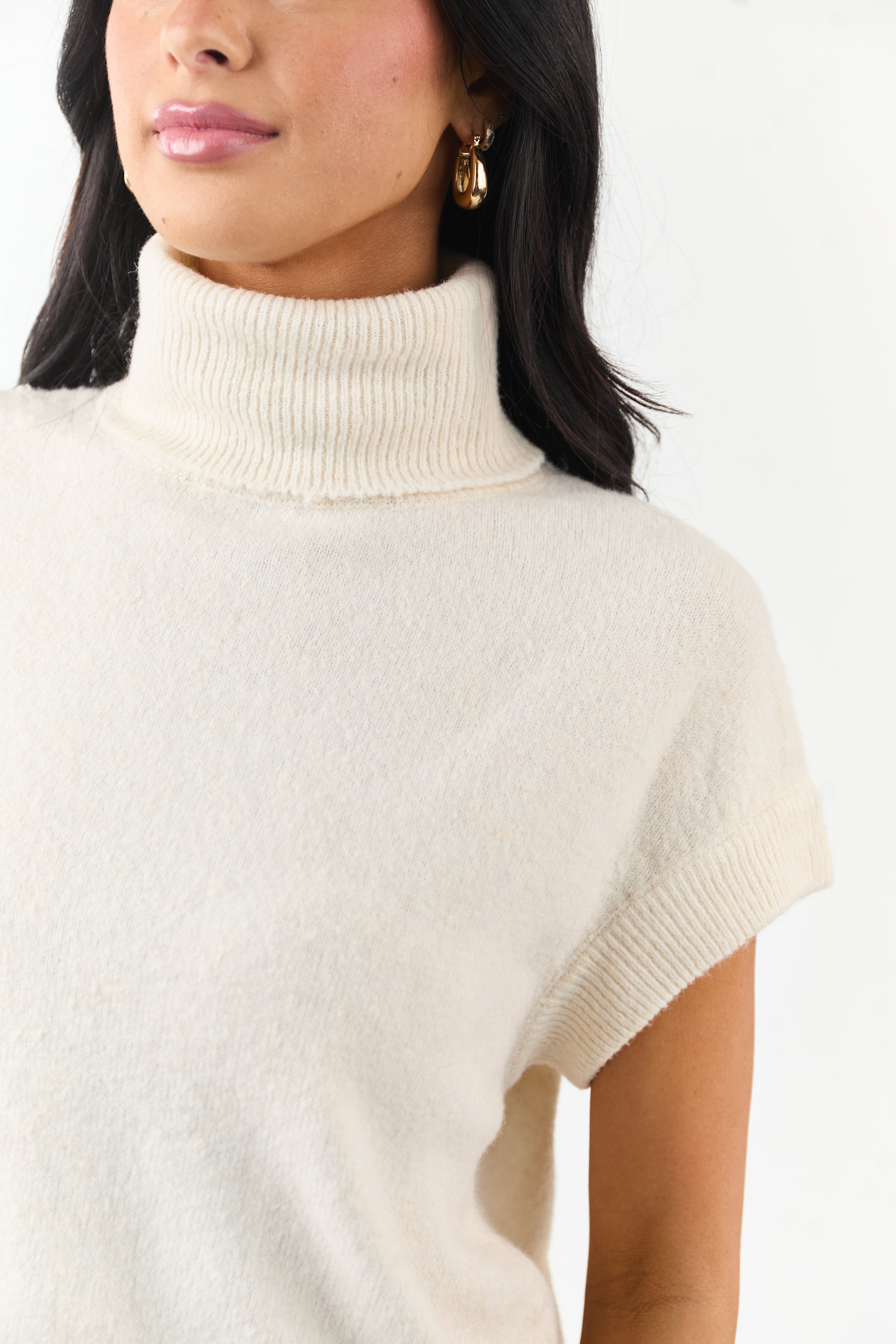 Cream Turtleneck Cap Sleeve Wool Blend Knit Top
