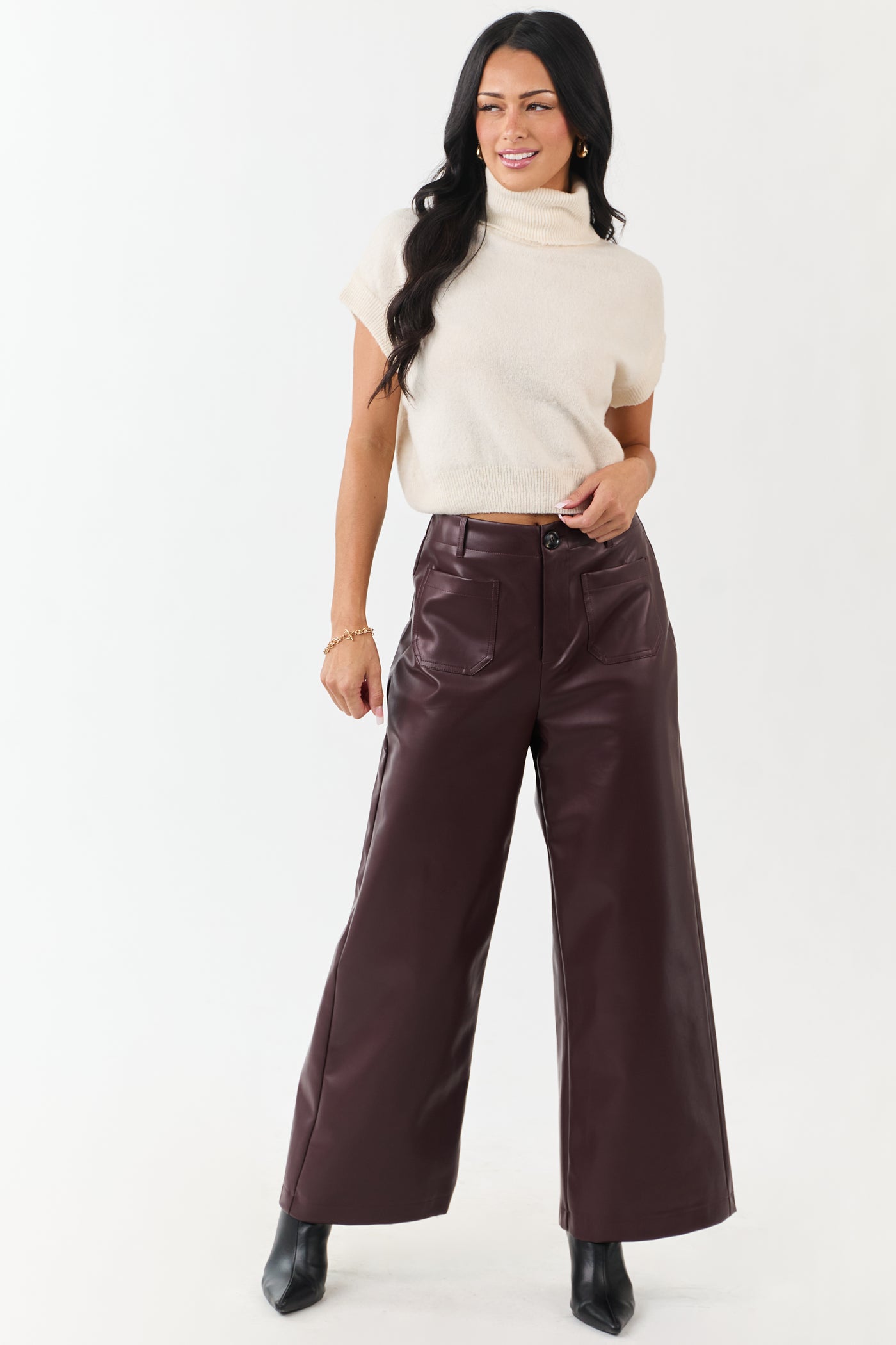 Cream Turtleneck Cap Sleeve Wool Blend Knit Top