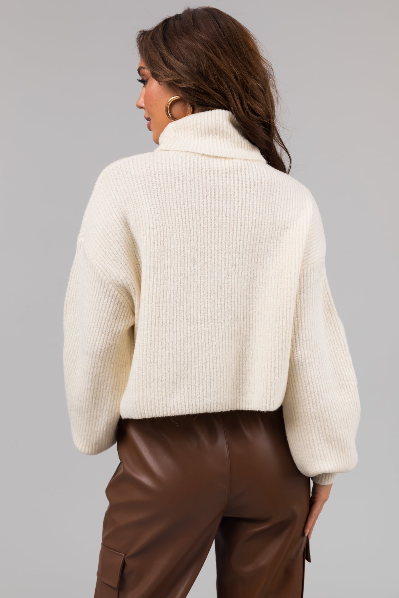 Cream Turtleneck Cropped Bubble Sleeve Sweater