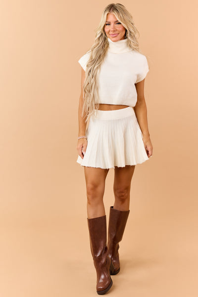 Cream Turtleneck Knit Top and Pleated Skirt Set