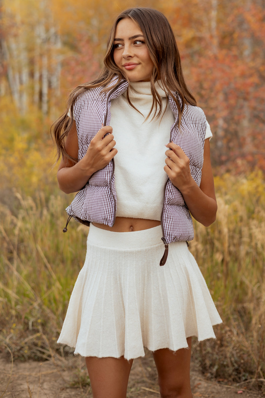 Cream Turtleneck Knit Top and Pleated Skirt Set