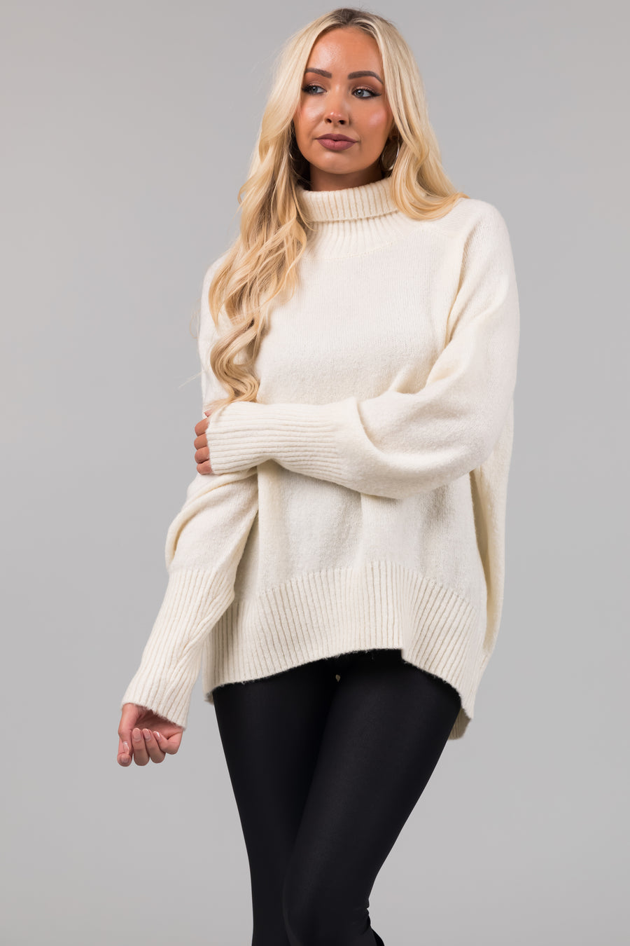 Cream Turtleneck Raglan Sleeve Soft Sweater