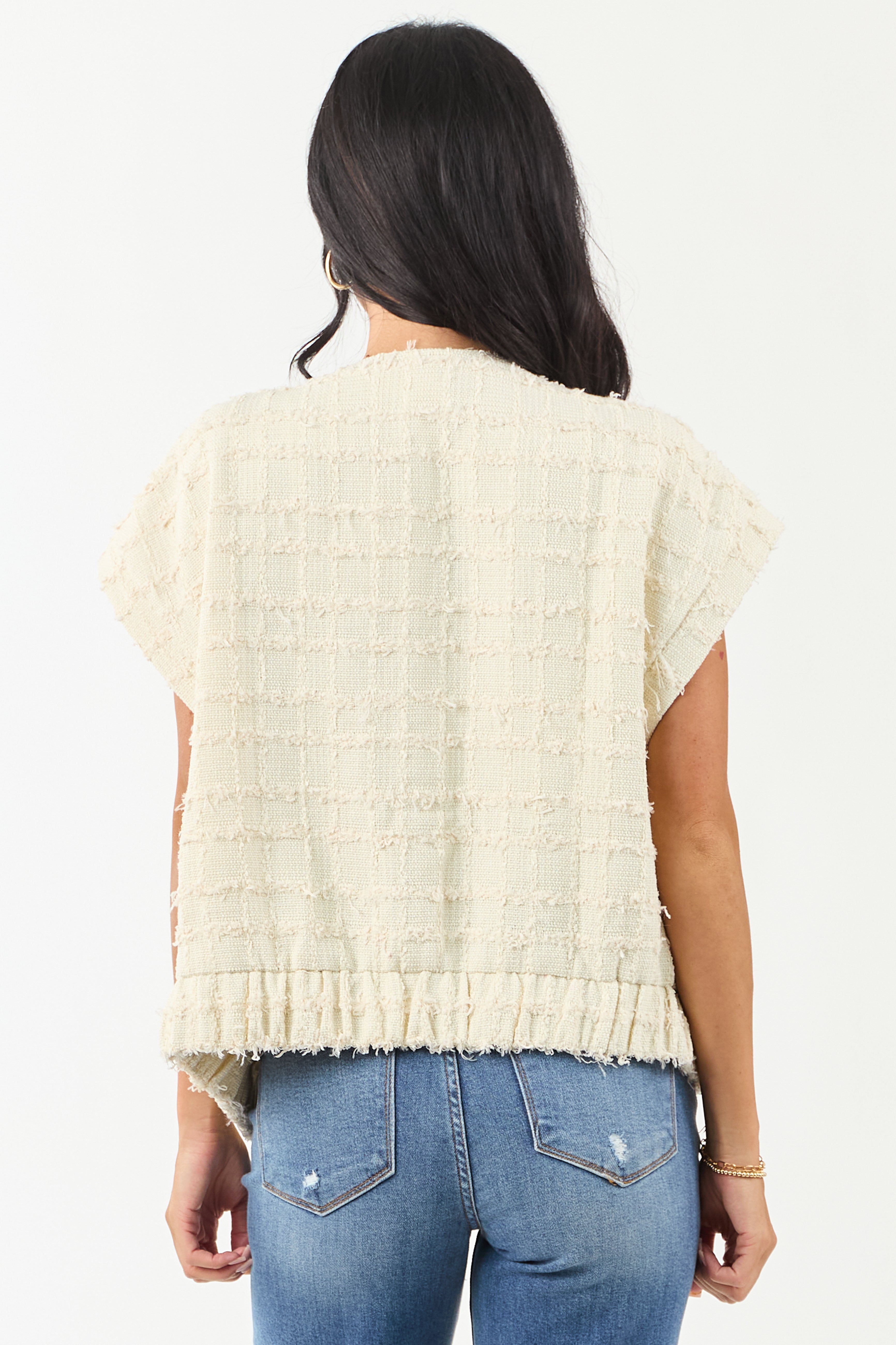 Cream Tweed Button Down Short Sleeve Top