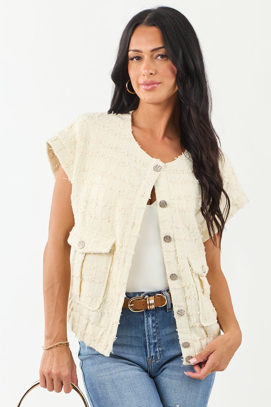 Cream Tweed Button Down Short Sleeve Top