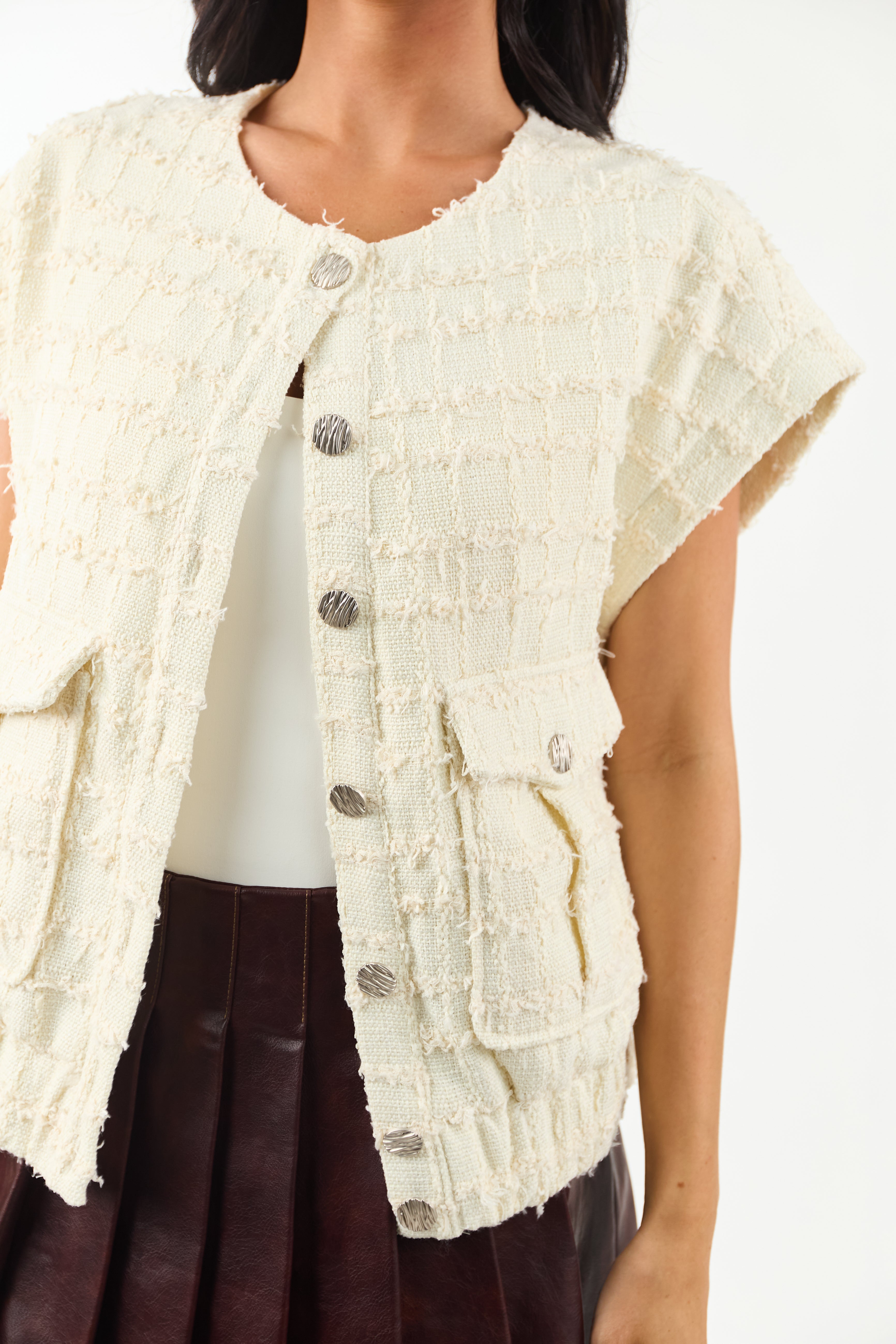 Cream Tweed Button Down Short Sleeve Top