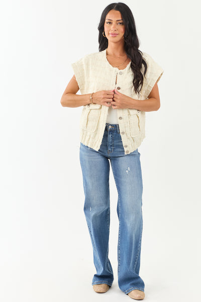Cream Tweed Button Down Short Sleeve Top