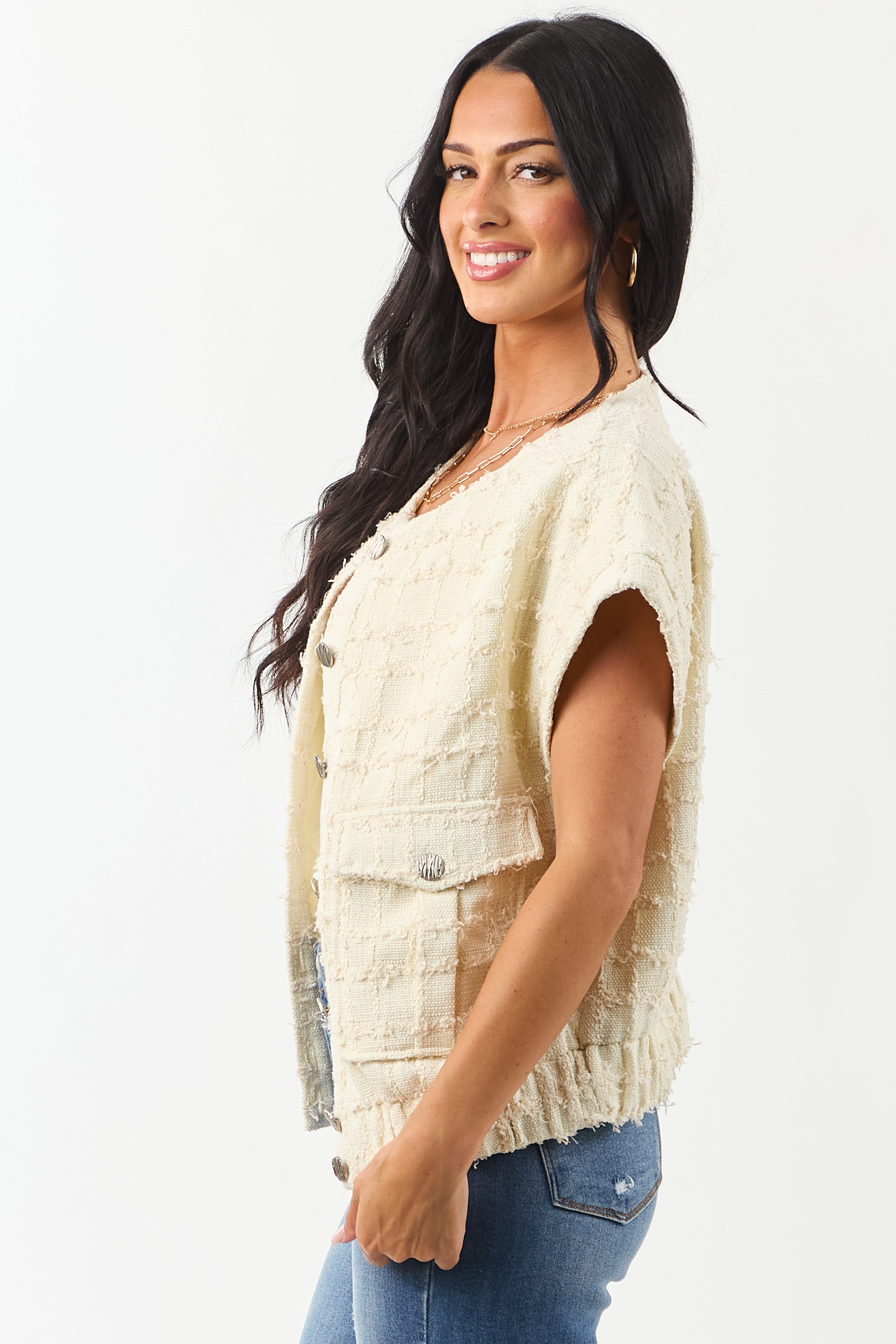 Cream Tweed Button Down Short Sleeve Top