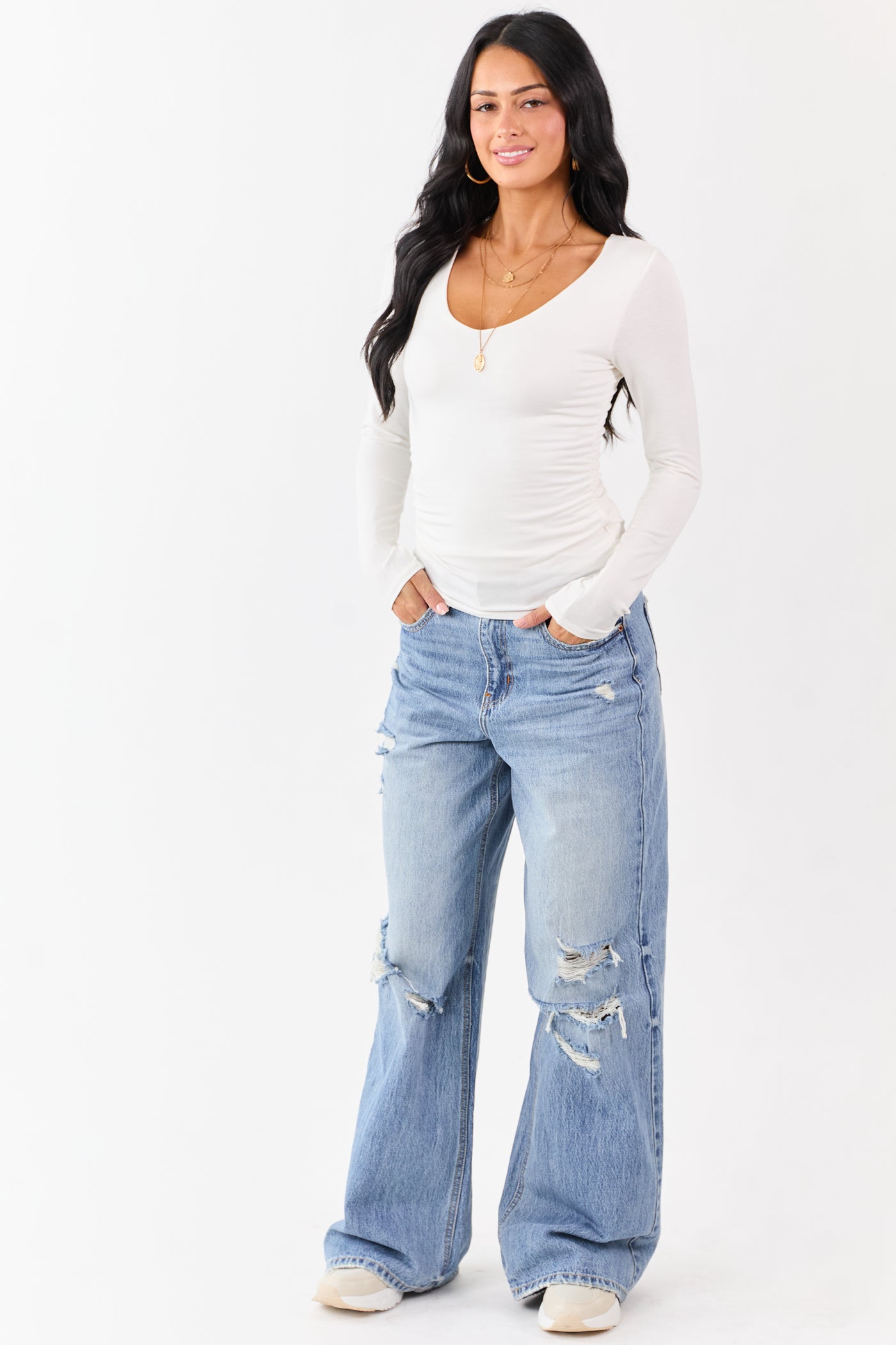 Cream V-Neck Ruched Side Double Layer Fitted Top