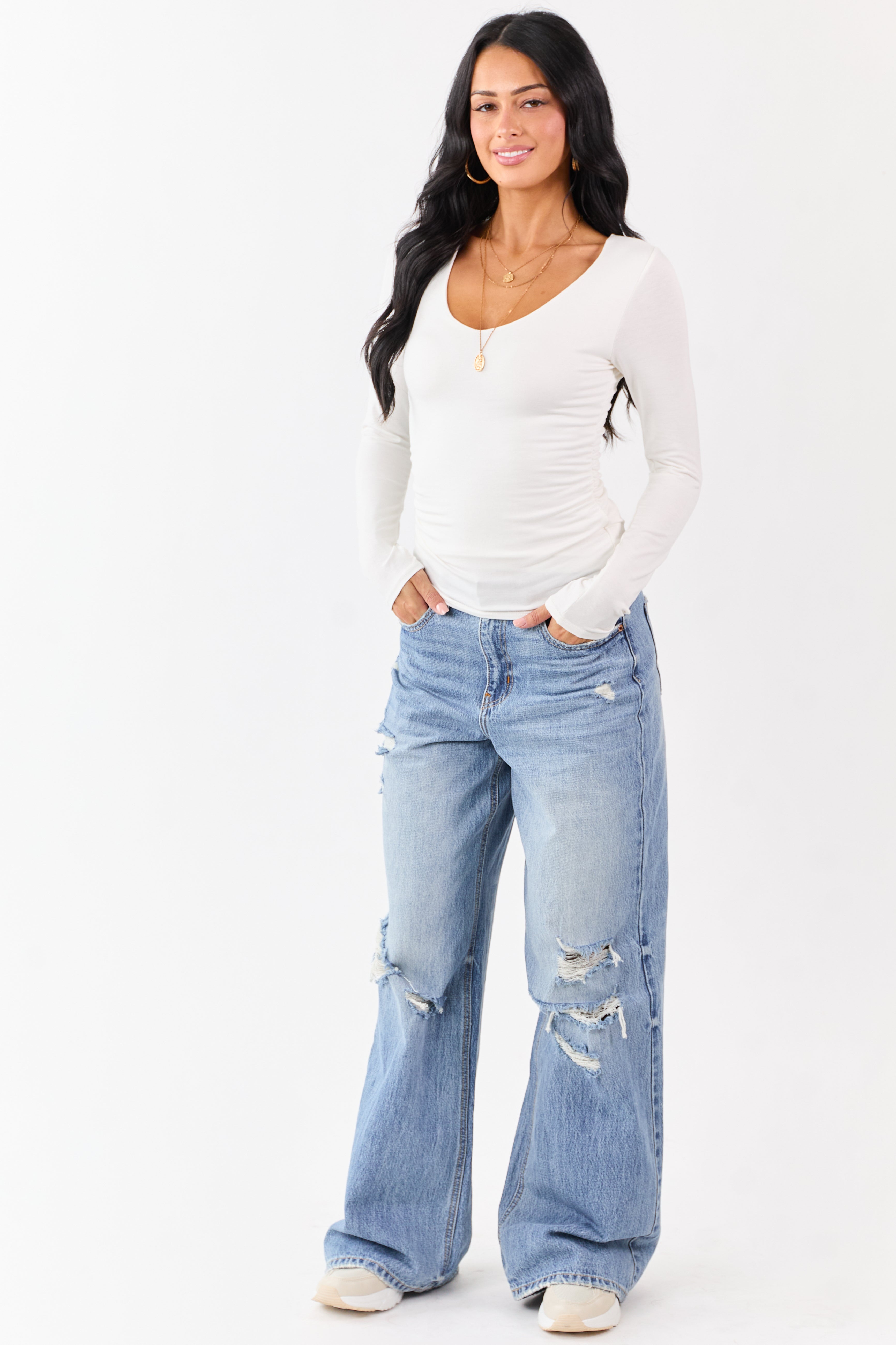 Cream V-Neck Ruched Side Double Layer Fitted Top