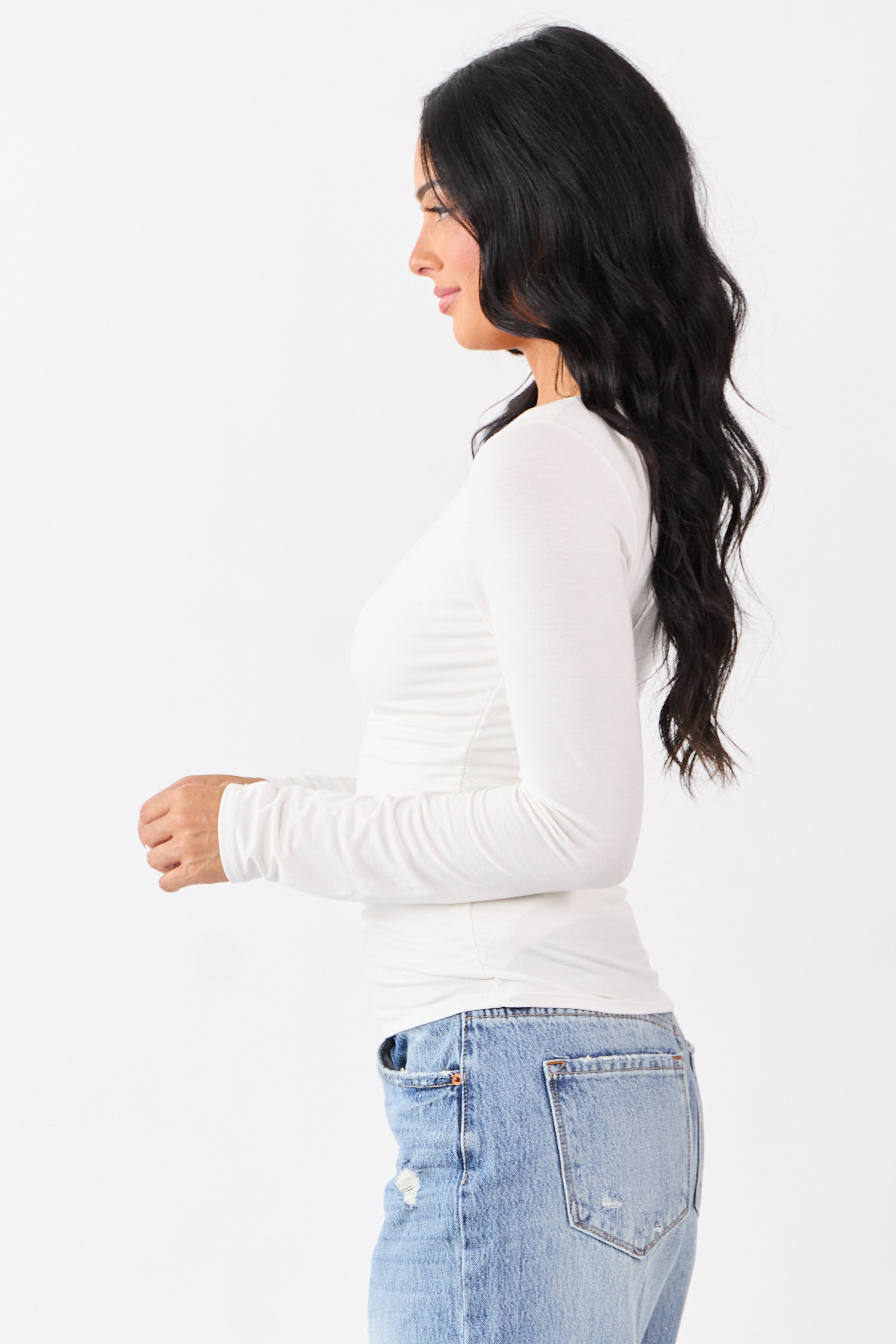 Cream V-Neck Ruched Side Double Layer Fitted Top